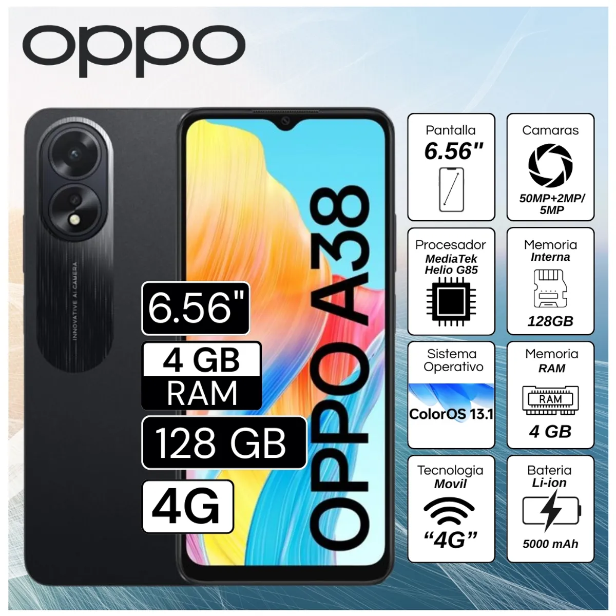 Celular Oppo A38 6.56"  Pulg. 4GB RAM 128GB ColorOS 13.1 - Negro, marca OPPO - Foto Principal