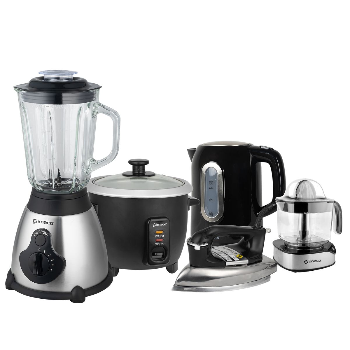 IMACO - Pentacombo licuadora 1.5Lts+Olla arrocera 0.6lts+hervidor 1.7lts+plancha seca pesada+exprimidor de citricos Imaco