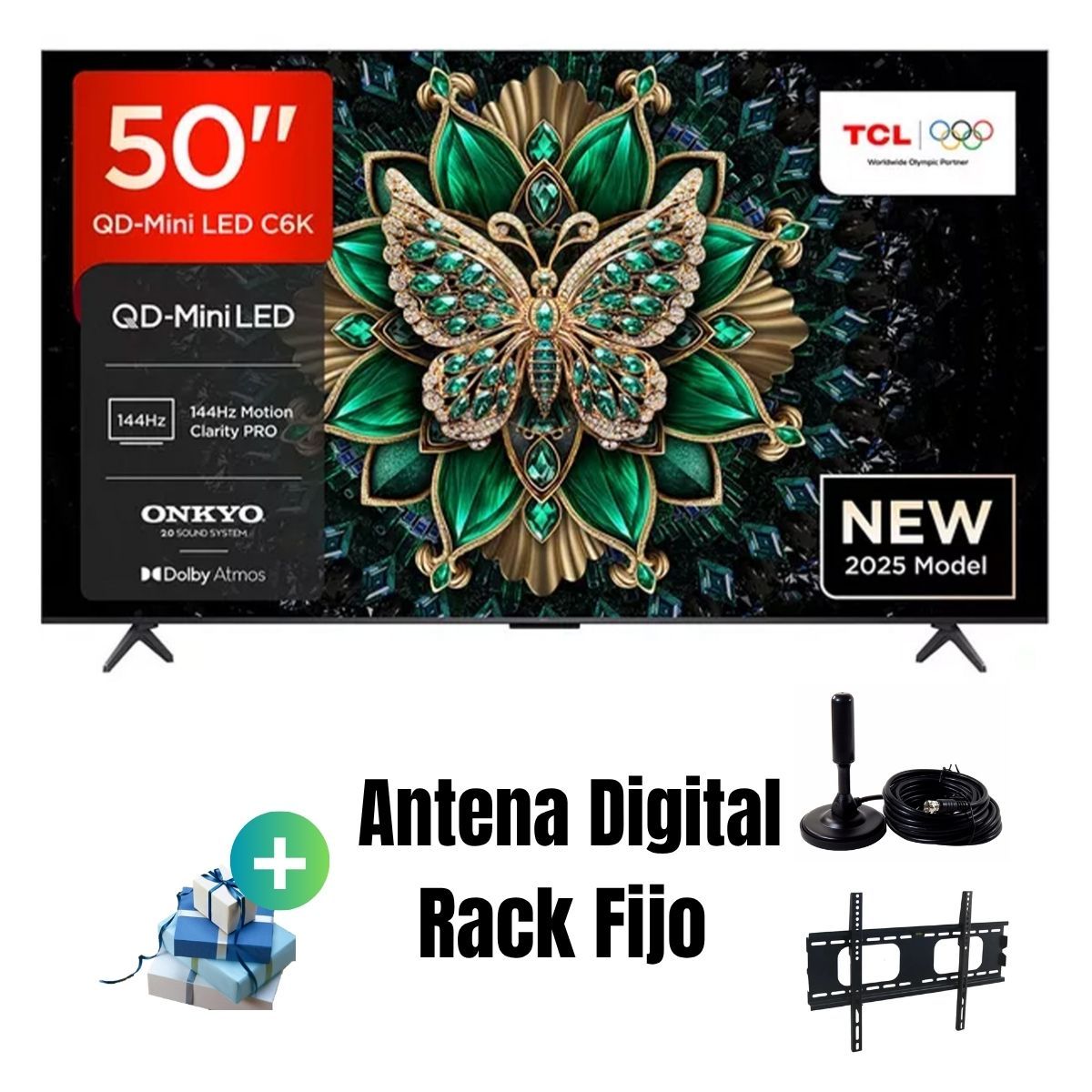 TCL - Televisor 50'' Qd Miniled UHD 4K Google TV 50C6KS 2025 + Ant + Rack Fijo