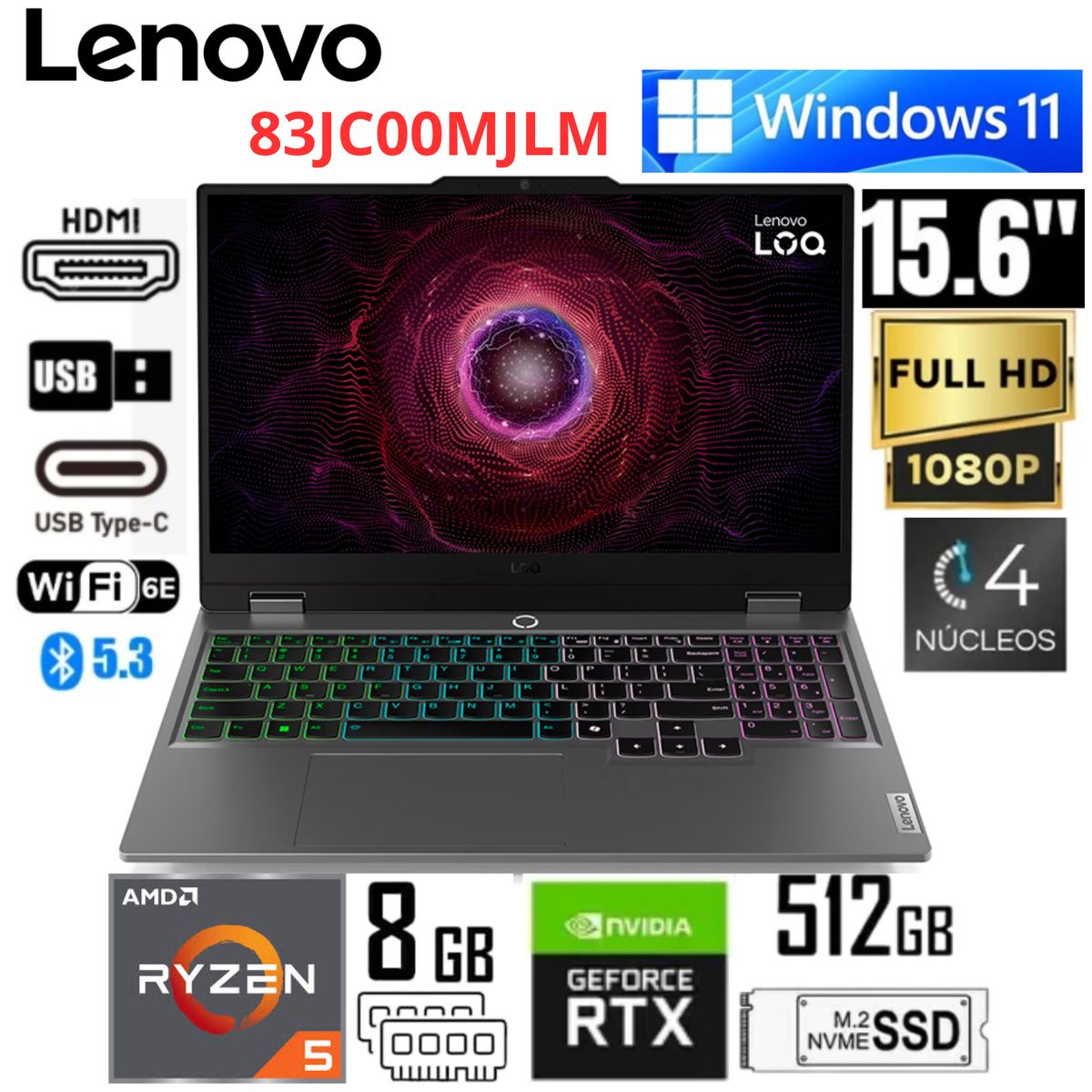 LENOVO - Laptop Gaming Lenovo LOQ 15ARP9 AMD Ryzen 5 7235HS 8GB RAM 512GB  RTX 3050 15.6" FHD 83JC00MJLM