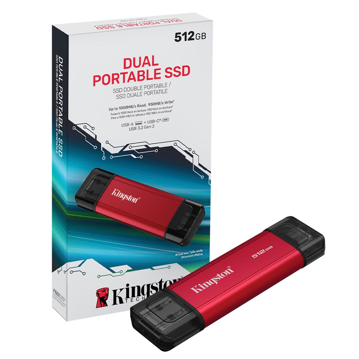 KINGSTON - SSD Externo Kingston 512GB USB 3.2 Dual USB-A y USB-C Portátil Alta Velocidad