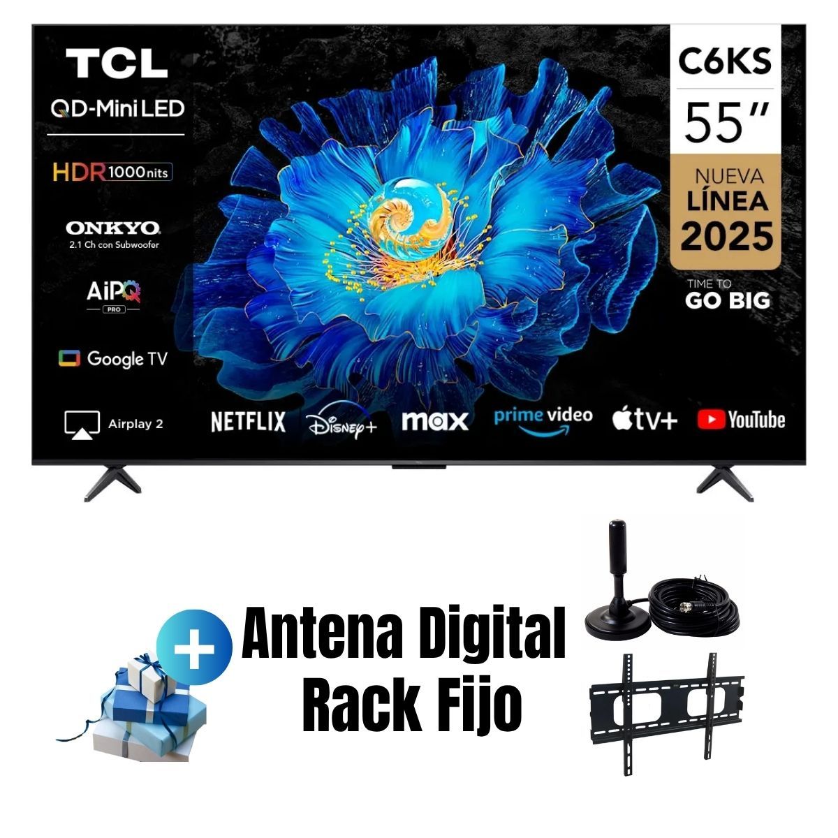 TCL - Televisor 55'' Qd Miniled UHD 4K Google TV 55C6KS 2025 + ANT + RACK FIJO