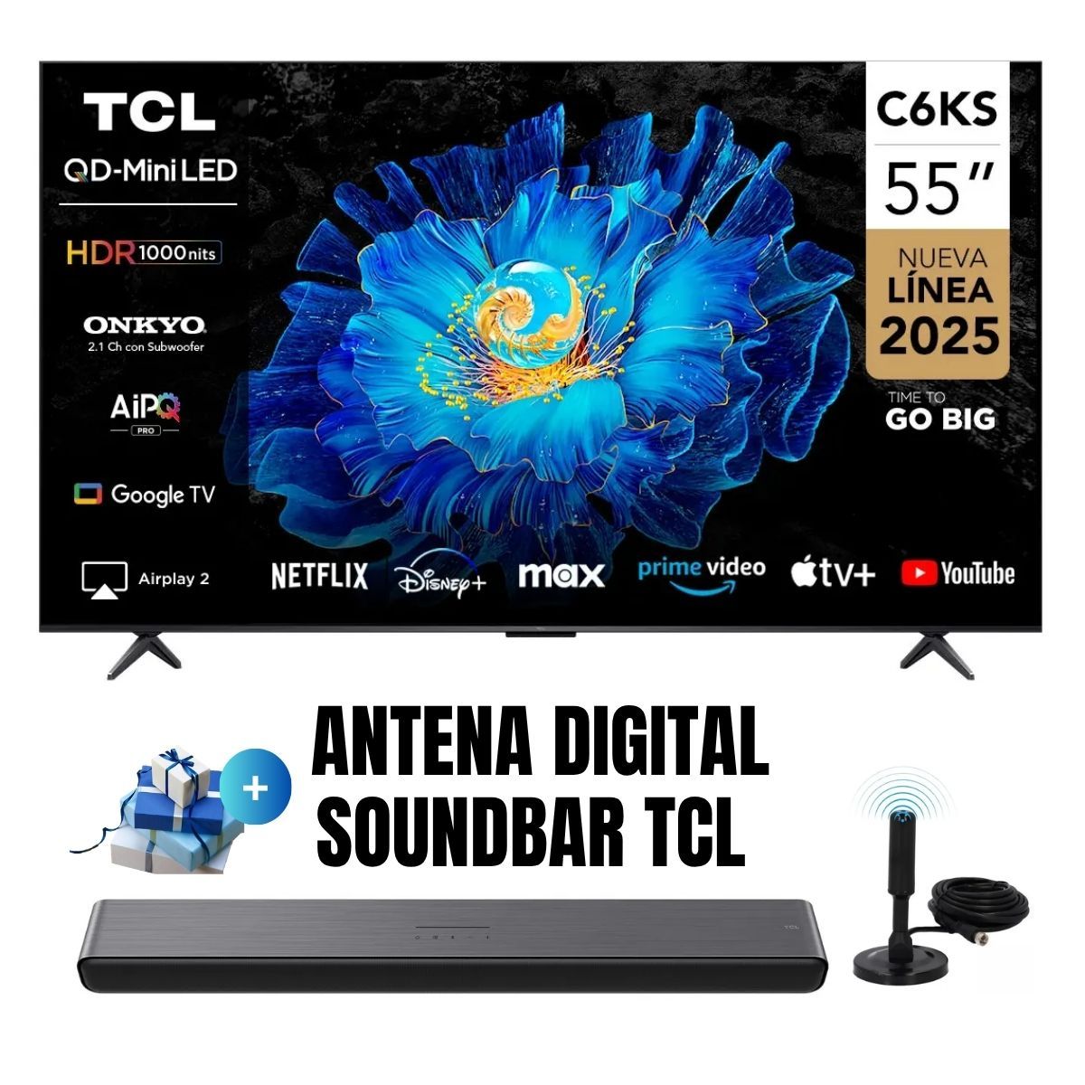 TCL - Televisor 55'' Qd Miniled UHD 4K Google TV 55C6KS 2025 + ANT + SOUNDBAR TCL