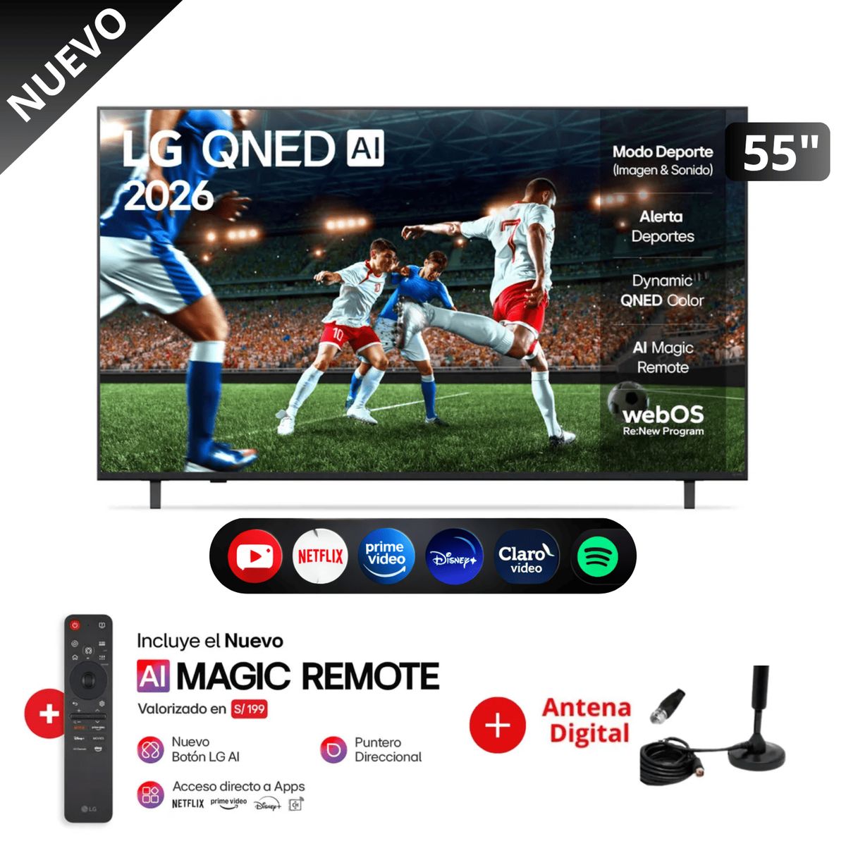 LG - Televisor LG 55 QNED 4K UHD Smart TV 55QNED73ASA con ThinQ AI control magic y antena digital