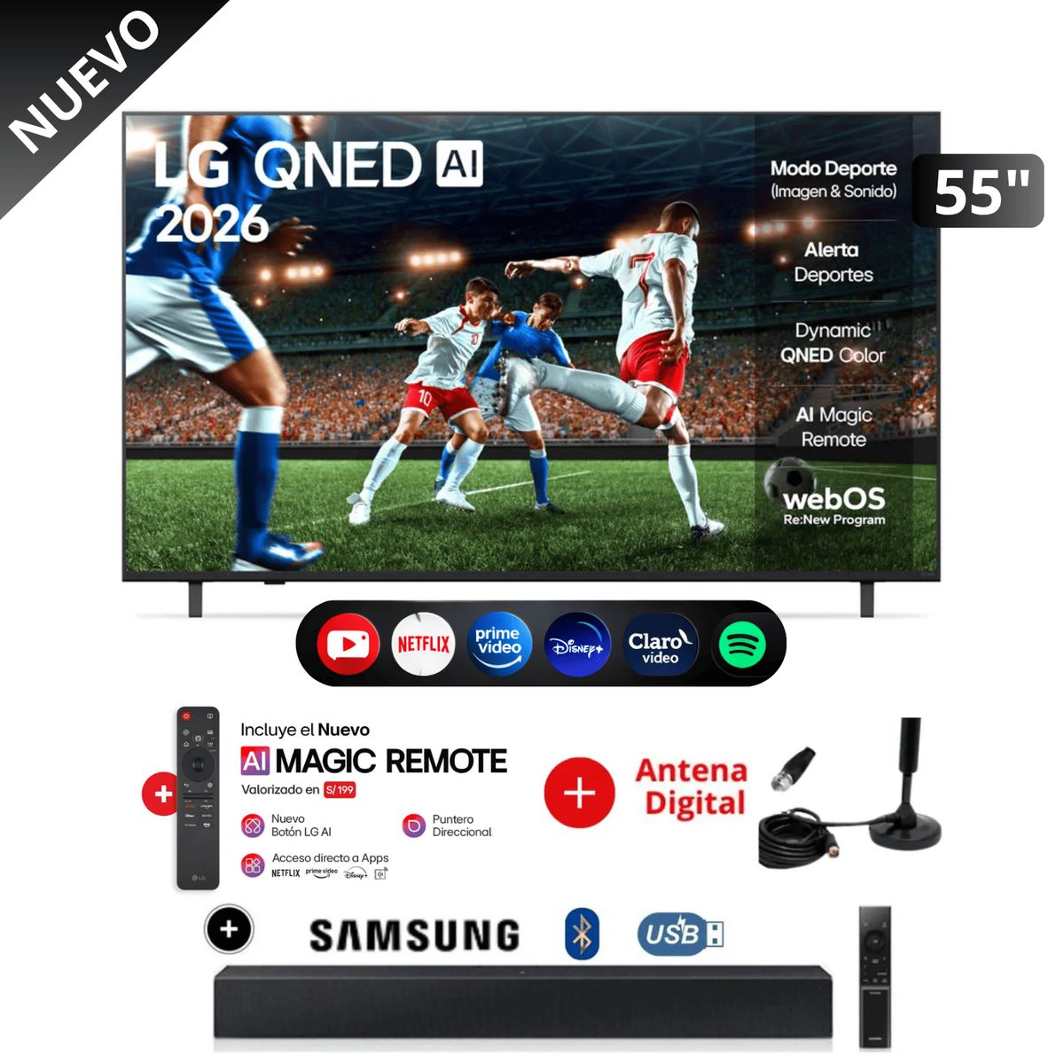 LG - Televisor LG 55 QNED 4K UHD Smart TV 55QNED73ASA con ThinQ AI + soundbar y antena digital