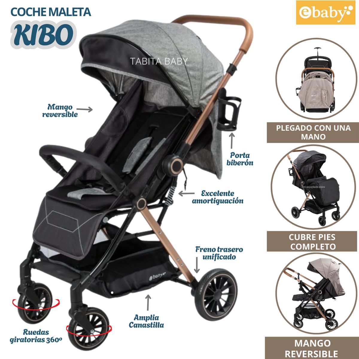 EBABY - Coche para bebe Maleta Mango Reversible KIBO Gris