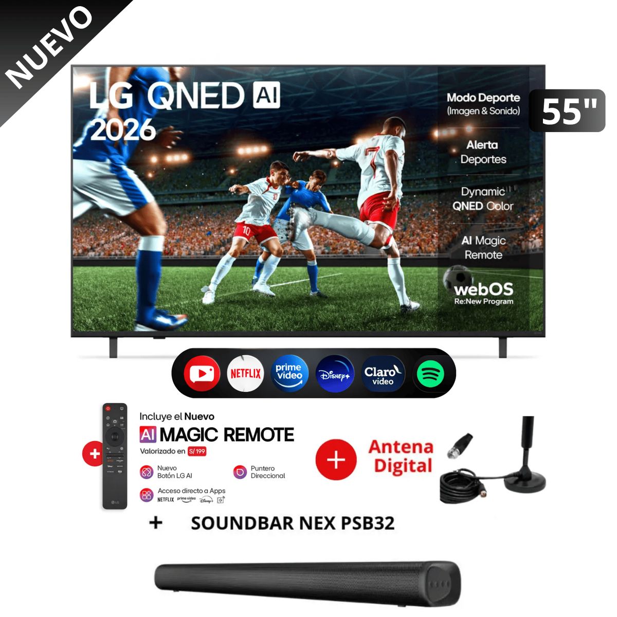 LG - Televisor LG 55 QNED 4K UHD Smart TV 55QNED73ASA con ThinQ AI + soundbar y antena digital