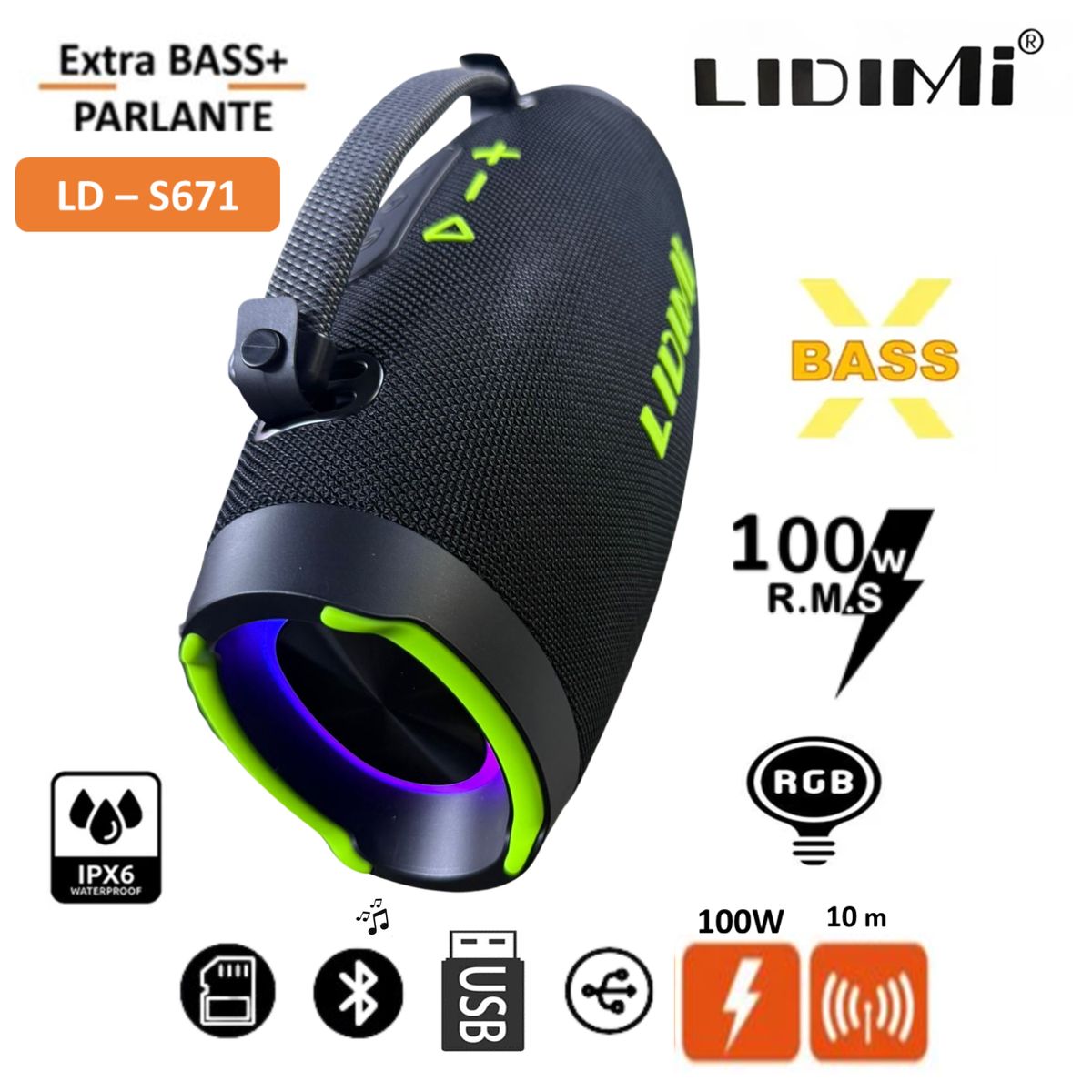 LIDIMI - Parlante Bluetooth Lidimi Super 100W LD-S671 USB LED RGB