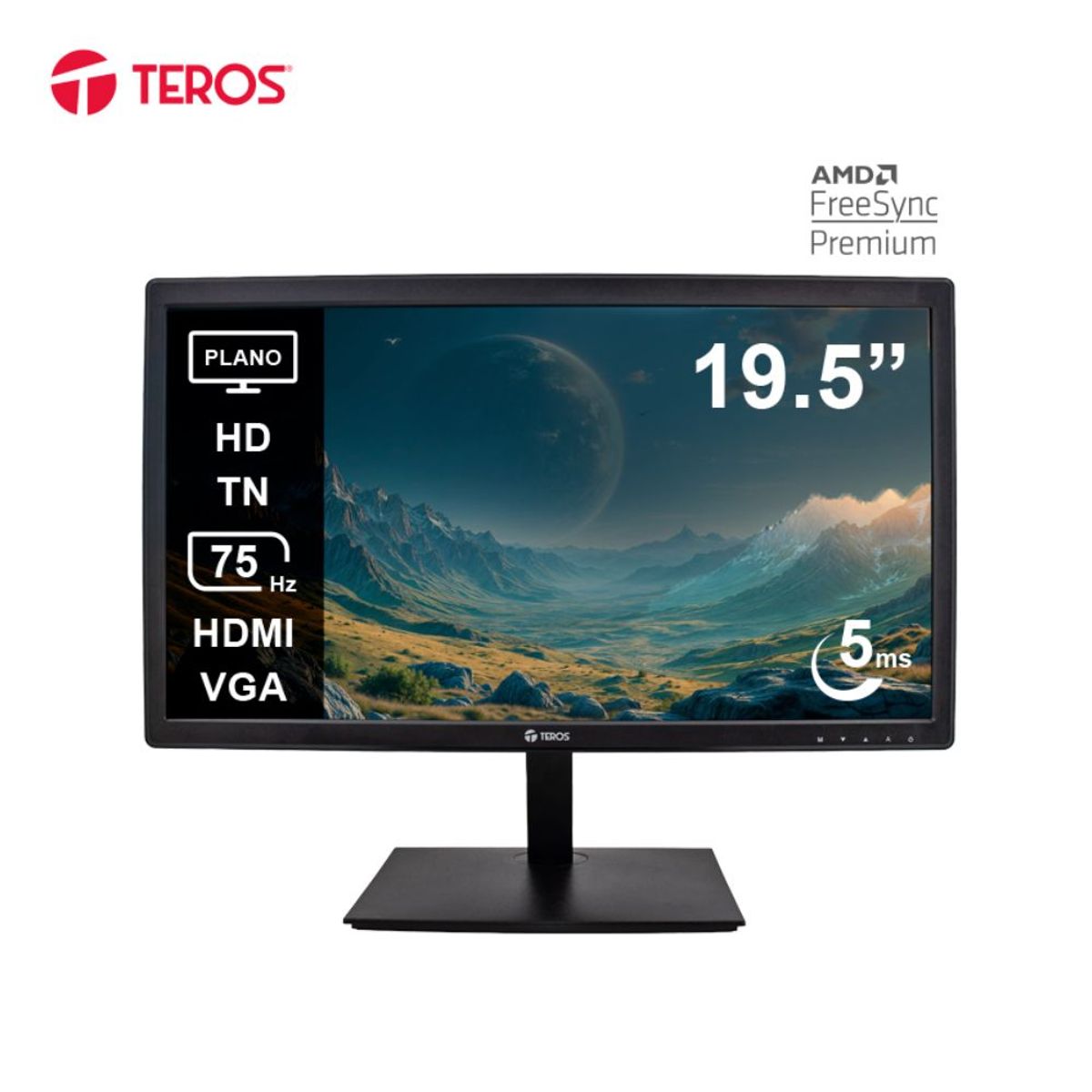 TEROS - Monitor Plano TEROS TE-1916S 19.5" HD TN, 75 Hz, 5ms, HDMI, VGA, AUDIO OUT, Parlantes