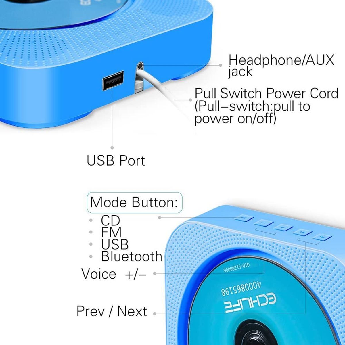 PUREPOWER - Reproductor de CD portátil con Bluetooth para montar en la pared para el hogar