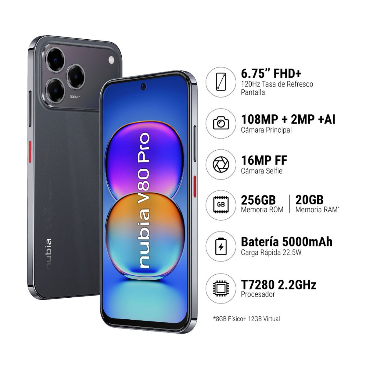 ZTE - Celular 4G Nubia V80 Pro 256GB 8GB RAM Cámara Principal 108MP Negro