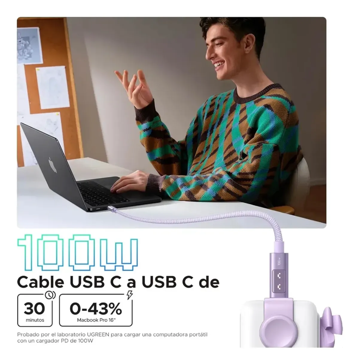 UGREEN - Ugreen 100w Cable robot Usb C A Usb C 2 Metros Pd Carga Rapida Rosa Cargador Tipo C