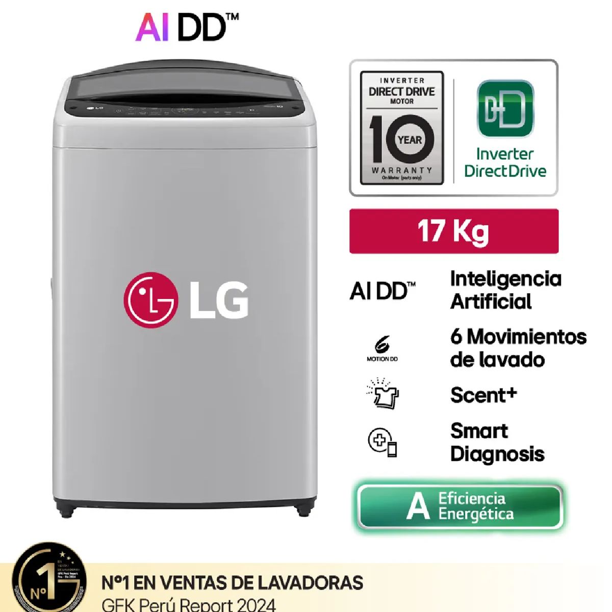 LG - Lavadora LG WT17DV6T Carga Superior 17 Kg AI DD Inteligencia Artificial - Gris