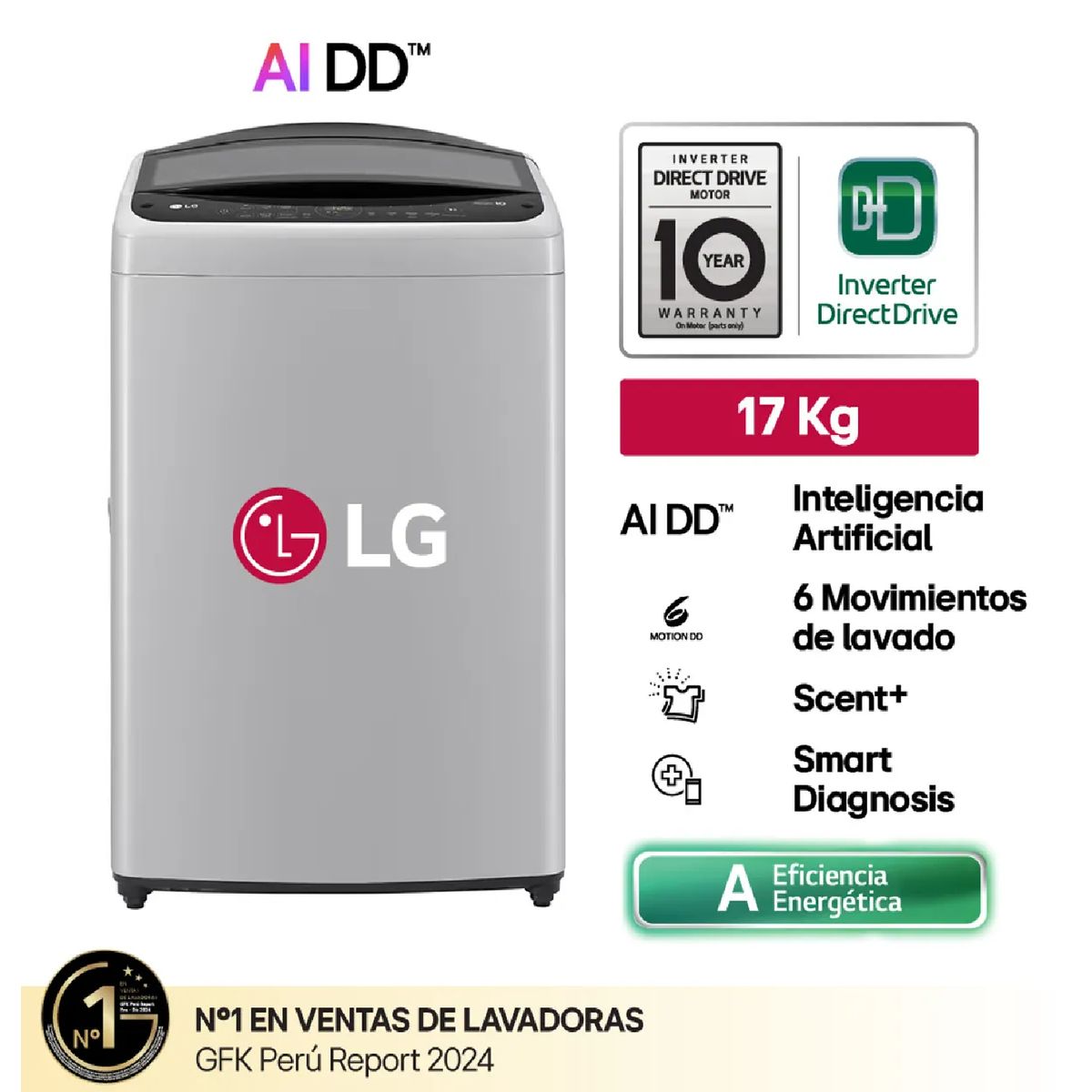 LG - Lavadora LG WT17DV6T Carga Superior 17 Kg AI DD Inteligencia Artificial - Gris