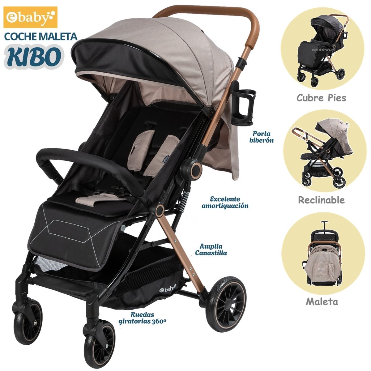 EBABY - Coche Maleta Kibo con Mango reversible Beige