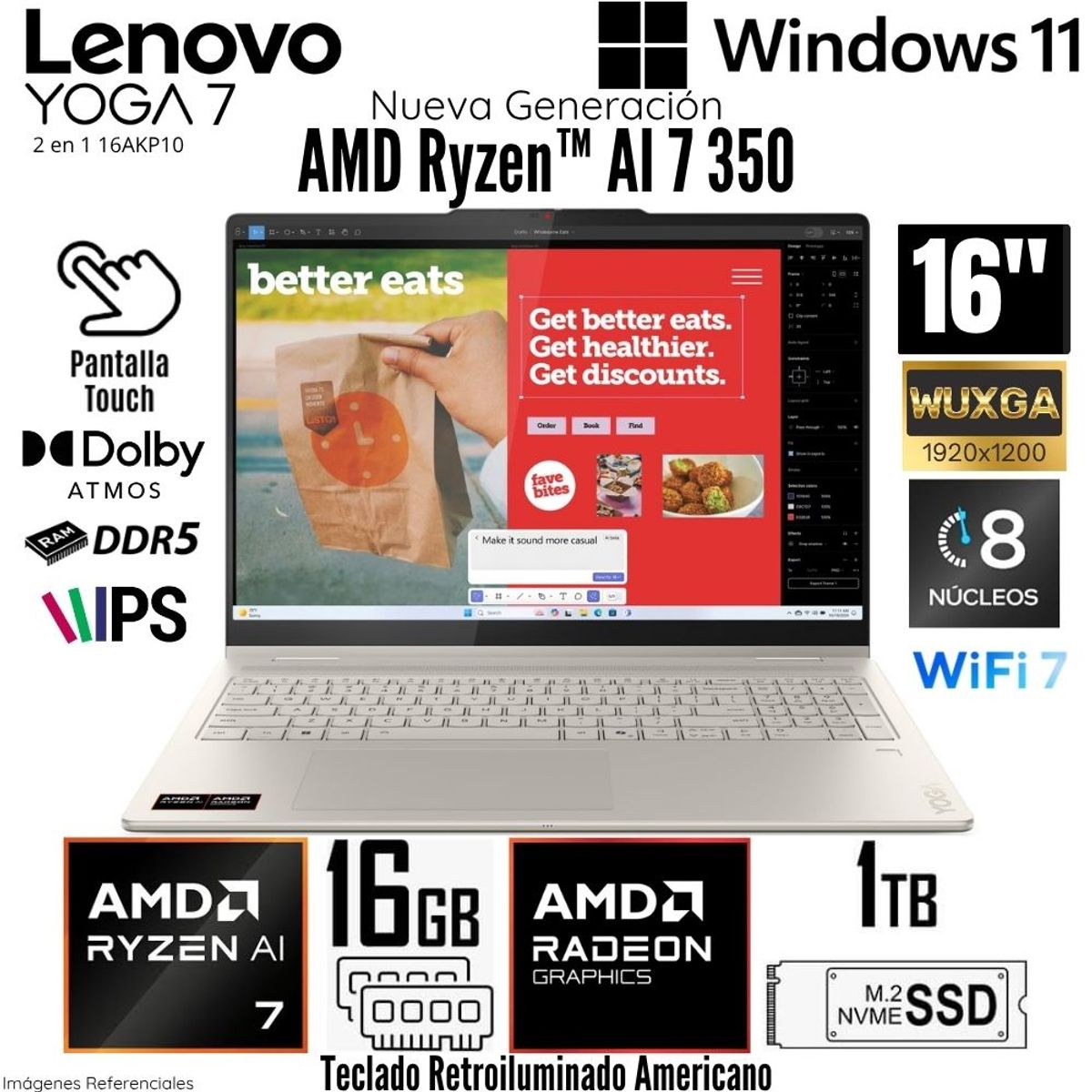 LENOVO - Laptop Lenovo Yoga 7 2 en 1 16AKP10 AMD Ryzen AI 7 350 16GB RAM 1TB SSD 16"  WUXGA TouchScreen