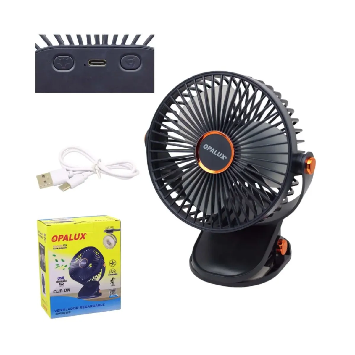 OPALUX - Ventilador Clip-On Recargable Con Luz Led OP-CF60-AZ OPALUX