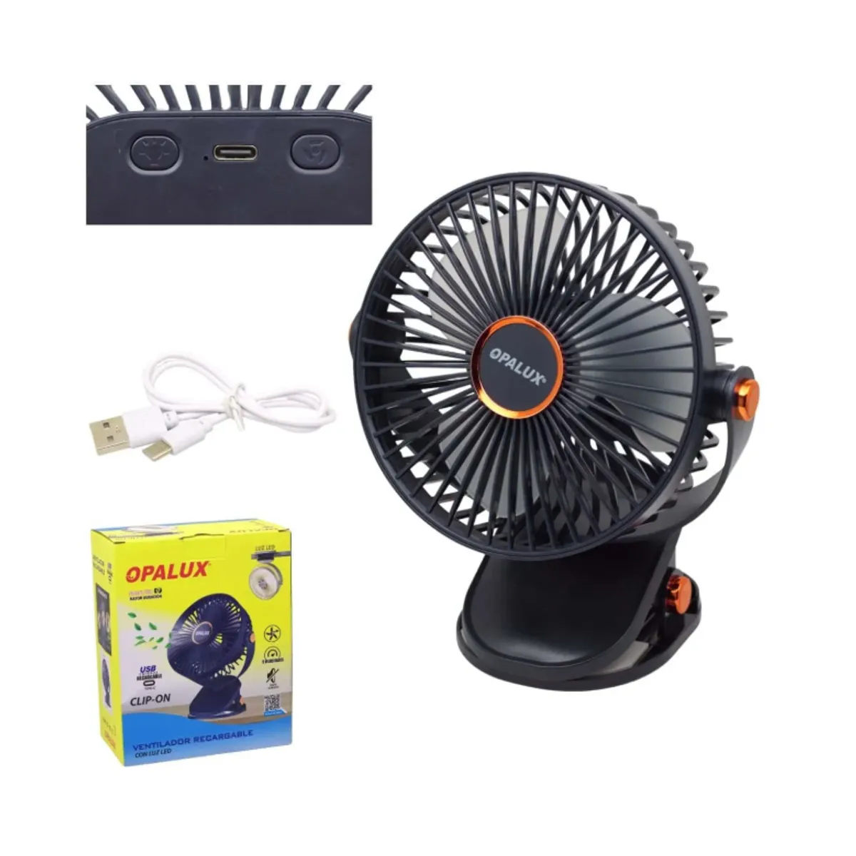 OPALUX - Ventilador Clip-On Recargable Con Luz Led OP-CF60-AZ OPALUX