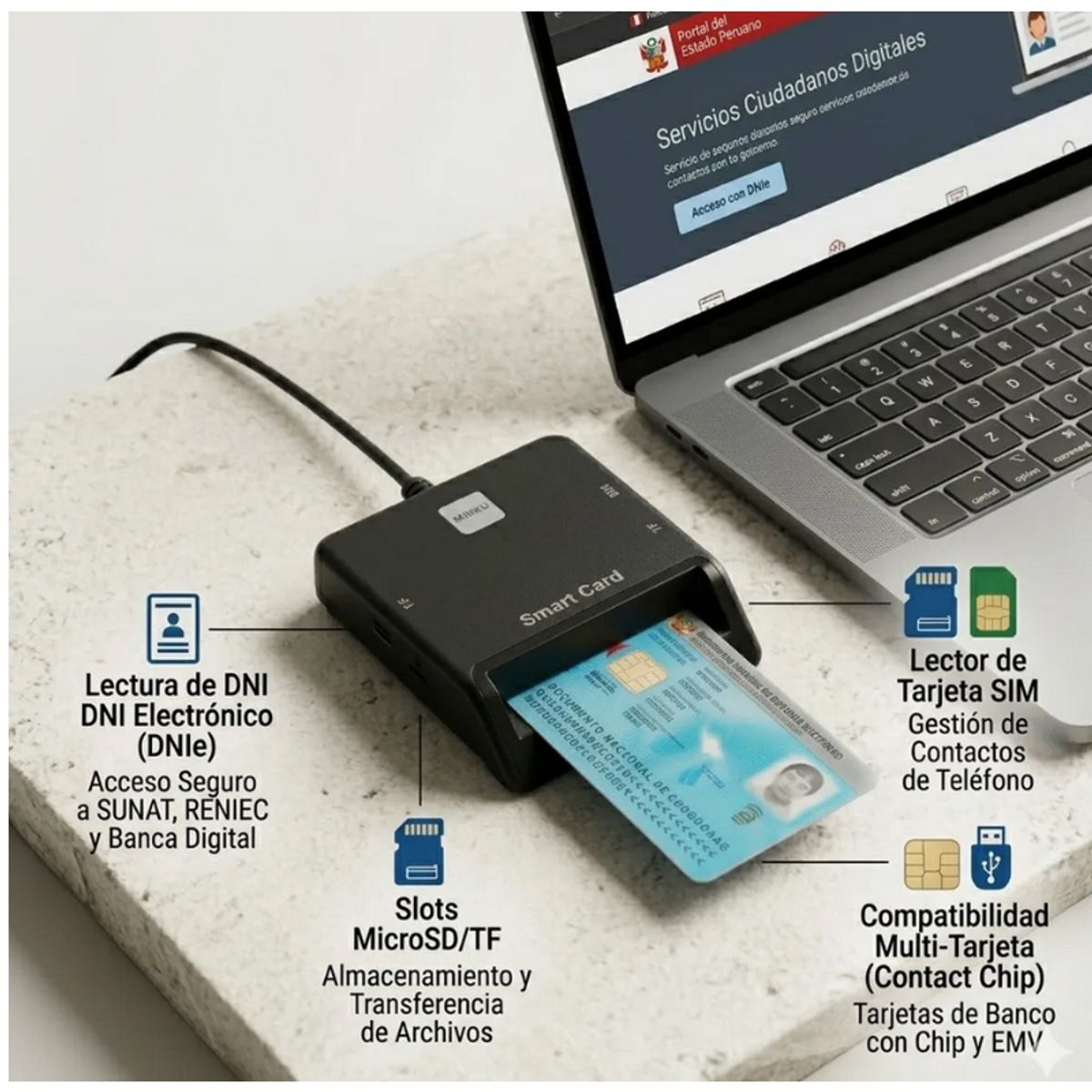 GENERICO - Lector DNI Electrónico 3.0 Profesional Multitarjeta SIM MicroSD Compatible Windows 11 y Mac