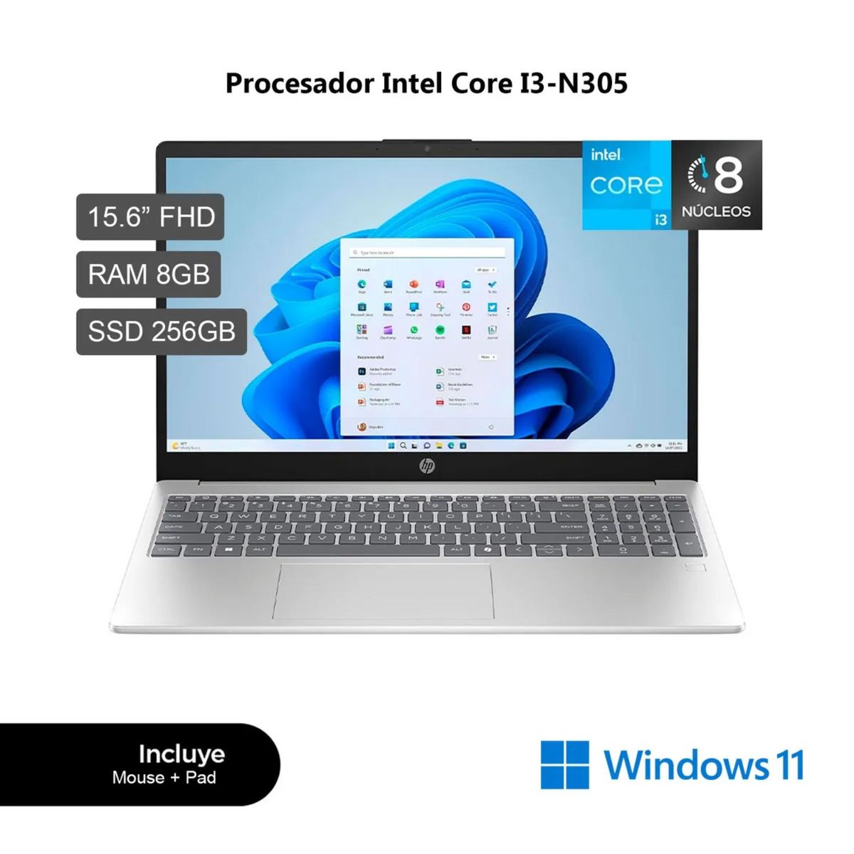 HP - Laptop HP 15-fd0133wn Intel i3-N305 RAM 8GB SSD 256GB 15.6" FHD Win 11 B4KT4UA