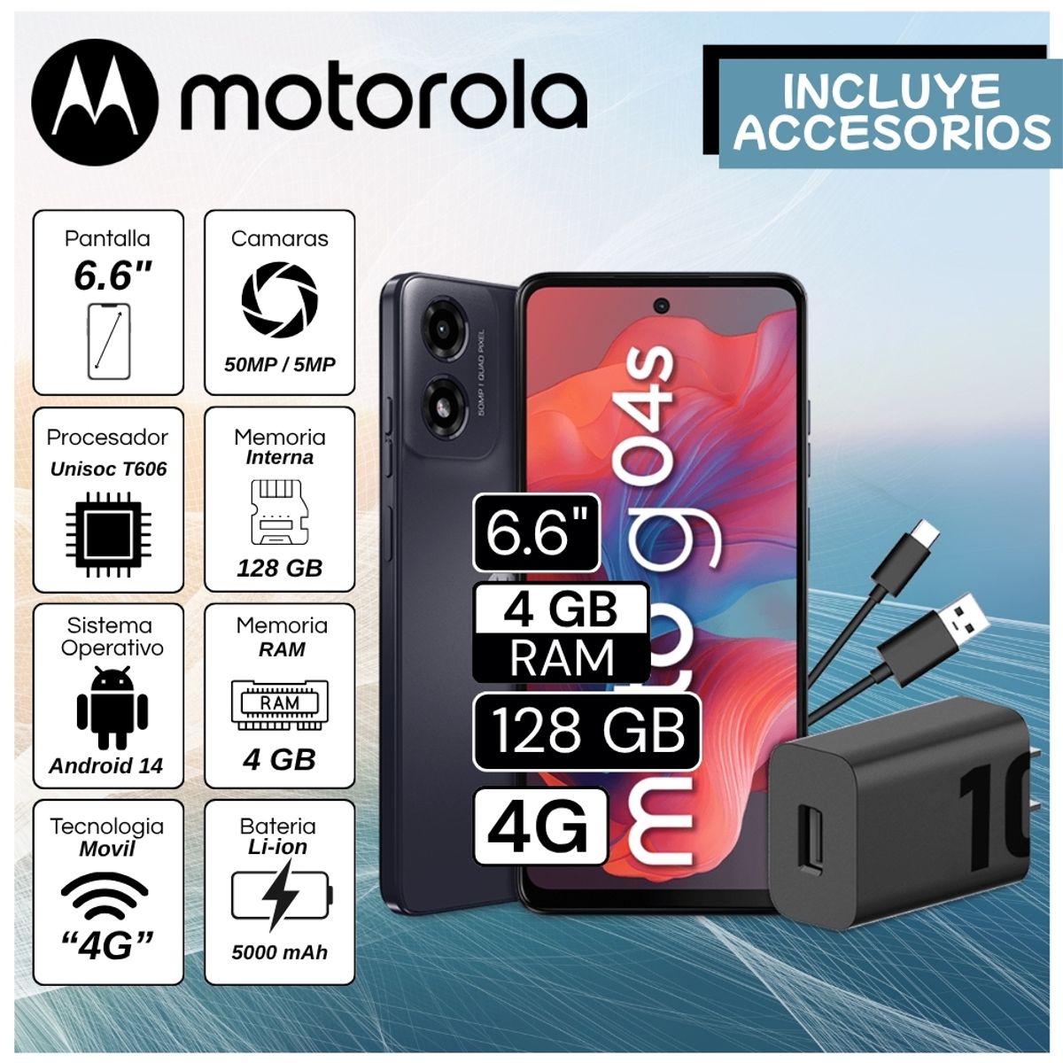 MOTOROLA - Celular Motorola G04s 6.6"  Pulg. 4GB RAM 128GB Android 14 - Negro Cosmico