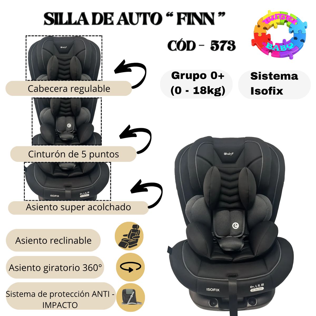 EBABY - SILLA DE AUTO PARA BEBE EBABY   "FINN" CON CABECERA REGULABLE - GRIS CLARO Y NEGRO