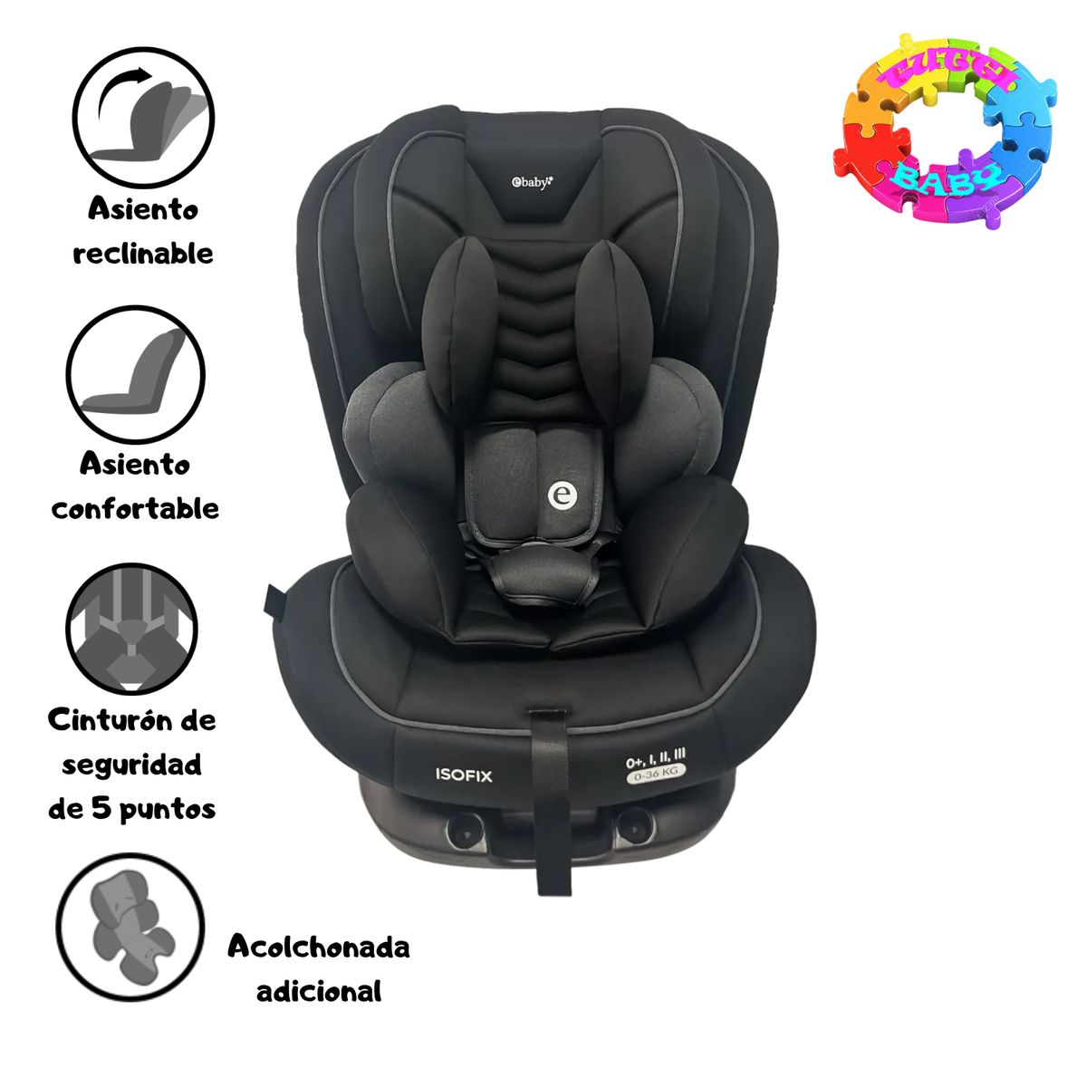 EBABY - SILLA DE AUTO PARA BEBE EBABY   "FINN" CON CABECERA REGULABLE - GRIS CLARO Y NEGRO
