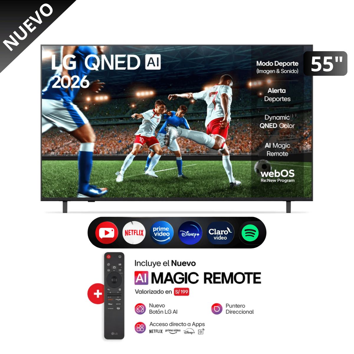 LG - Televisor LG 55 QNED 4K UHD Smart TV 55QNED73ASA con ThinQ AI HDR10 WebOS y control magic
