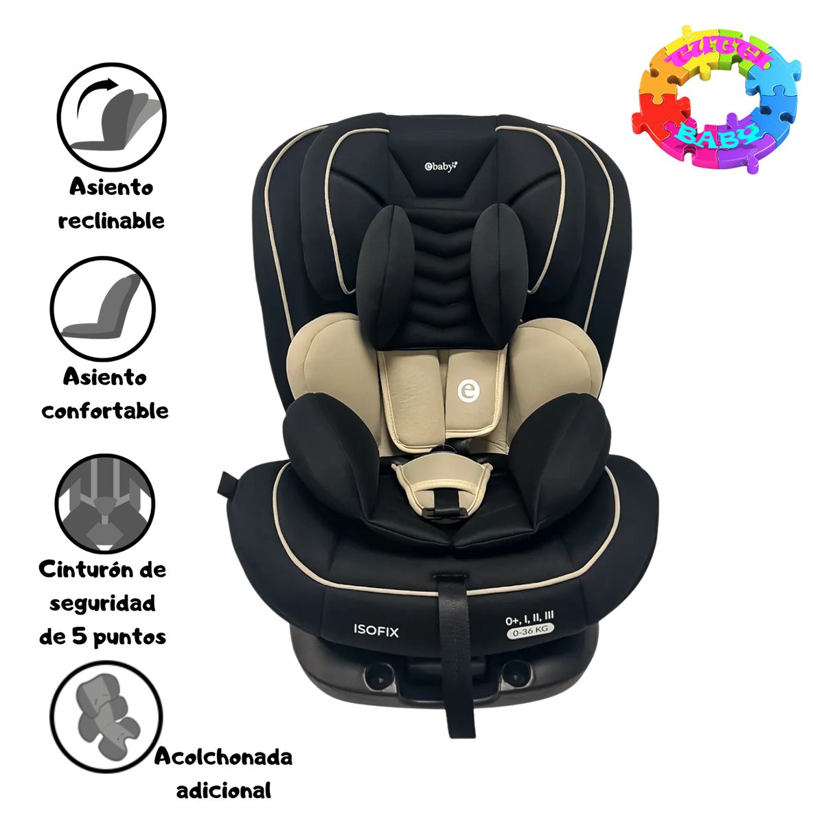 EBABY - SILLA DE AUTO PARA BEBE EBABY   "FINN" CON CABECERA REGULABLE - BEIGE  Y NEGRO