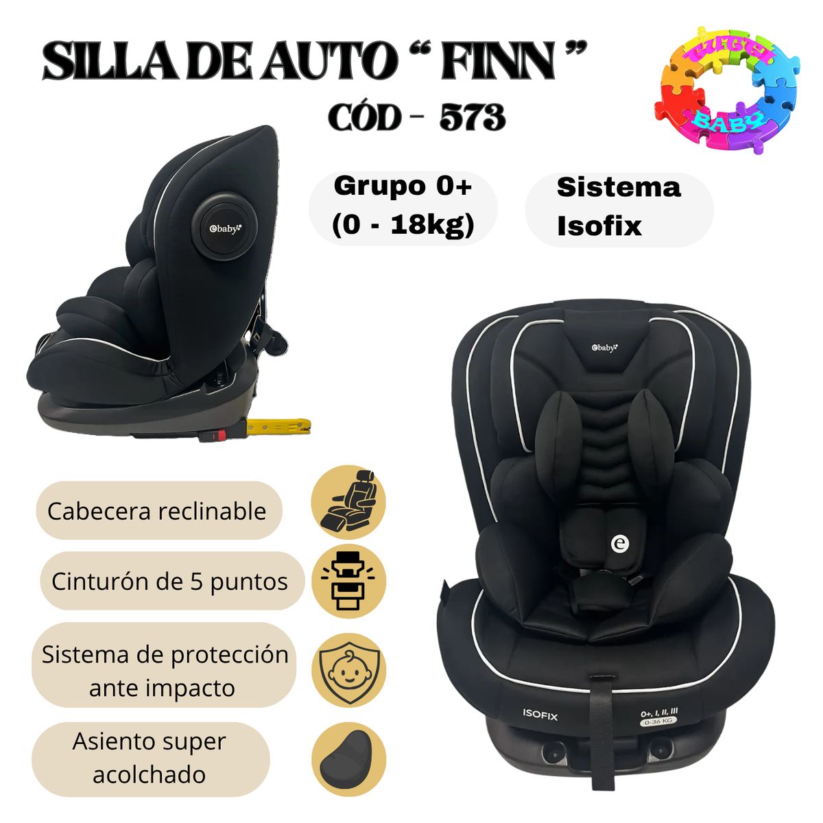 EBABY - SILLA DE AUTO PARA BEBE EBABY   "FINN" CON CABECERA REGULABLE -  NEGRO