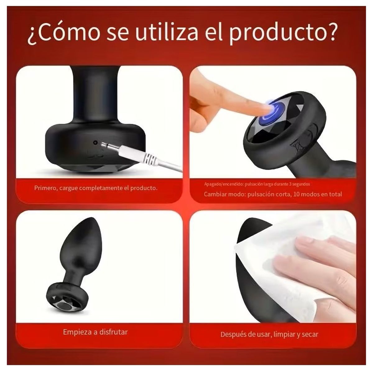 GENERICO - Plug Anal Recargable 10 Modos de Vibración Silicona Suave Unisex