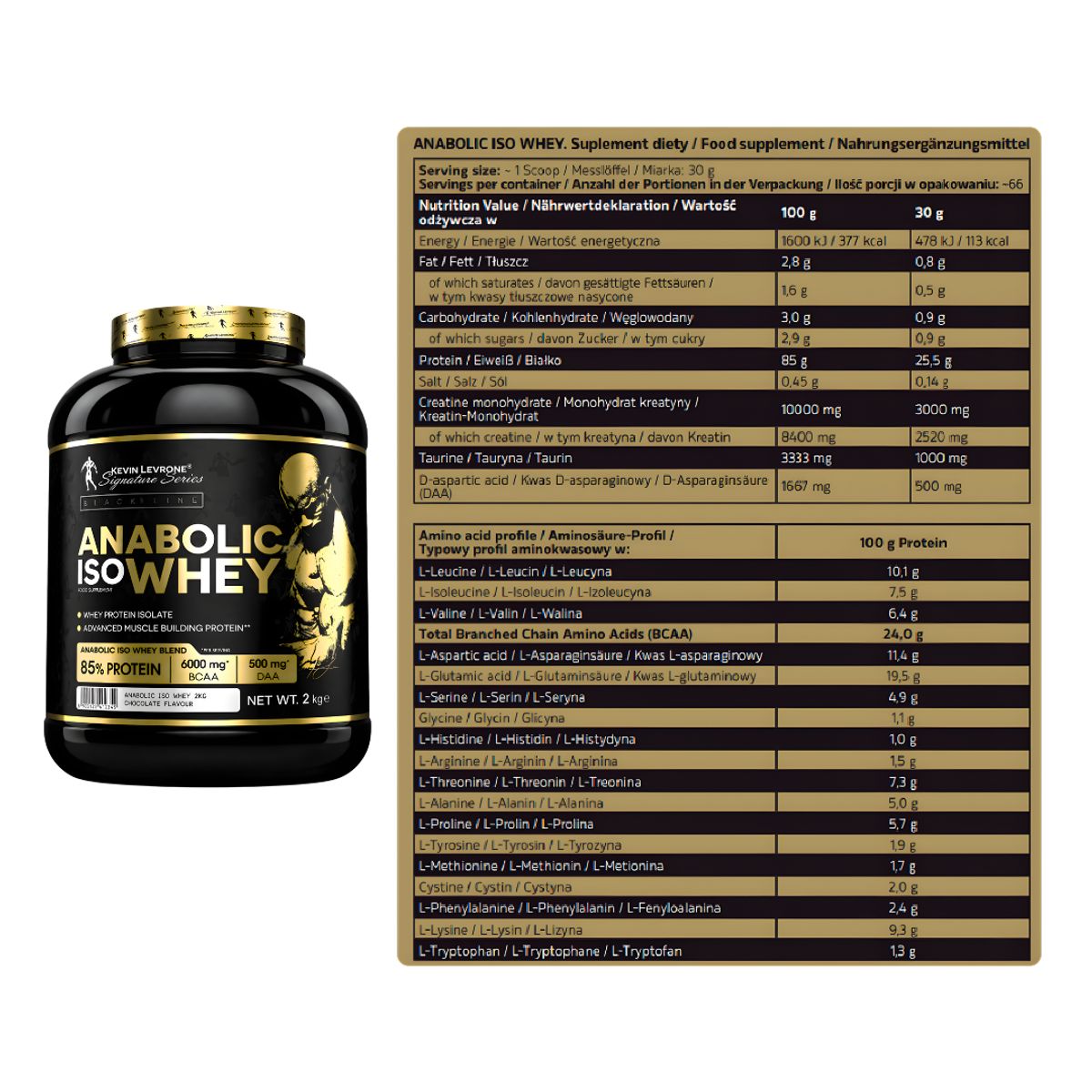 KEVIN LEVRONE - Anabolic Iso Whey 2 KG Proteina Isolatada - Vainilla + Creatina Universe Nutrition 150 G + Shaker