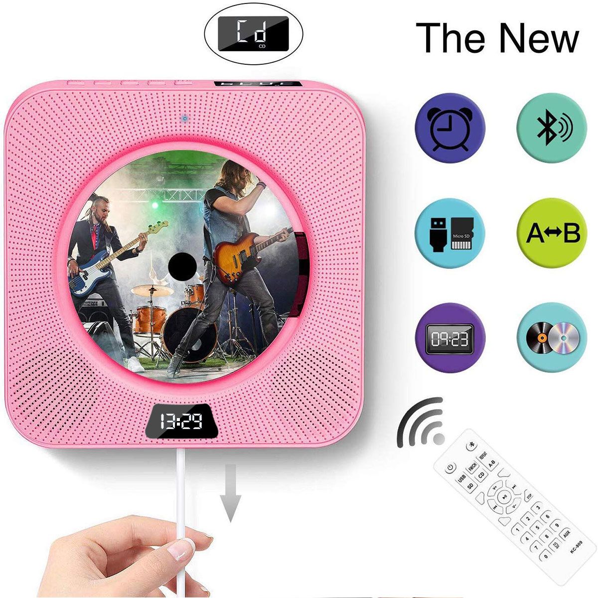 PUREPOWER - Reproductor LED de CD portátil con Bluetooth para montar en la pared para el hogar