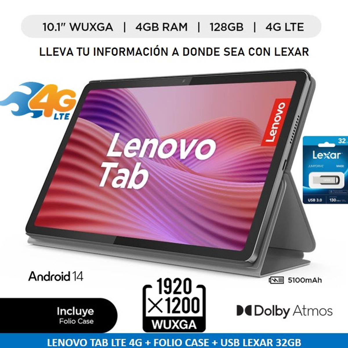 LENOVO - TABLET LENOVO TB311XU 10.1  4G LTE 4GB 128GB FOLIO CASE - LUNA GRIS + USB LEXAR 32GB