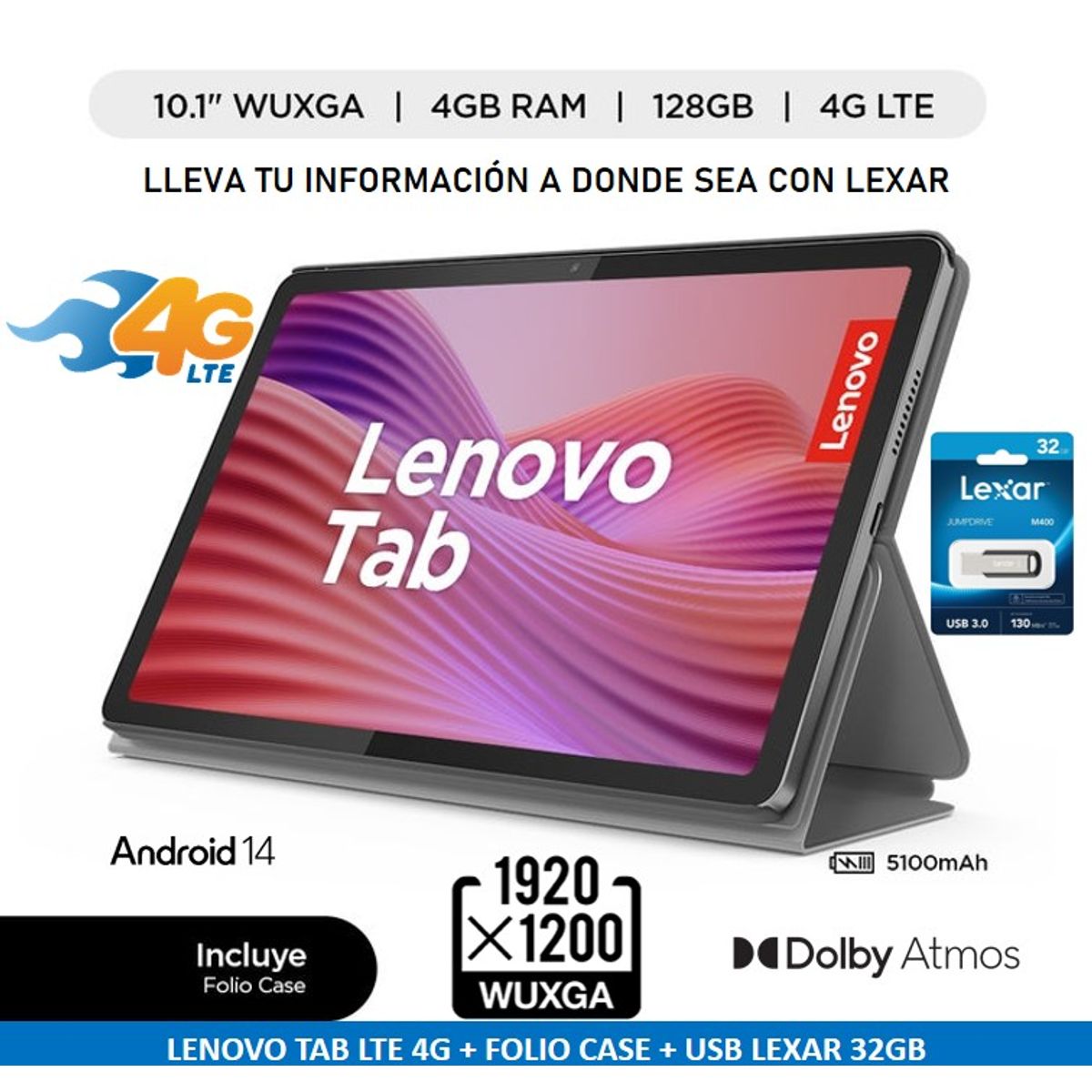LENOVO - TABLET LENOVO TB311XU 10.1  4G LTE 4GB 128GB FOLIO CASE - LUNA GRIS + USB LEXAR 32GB