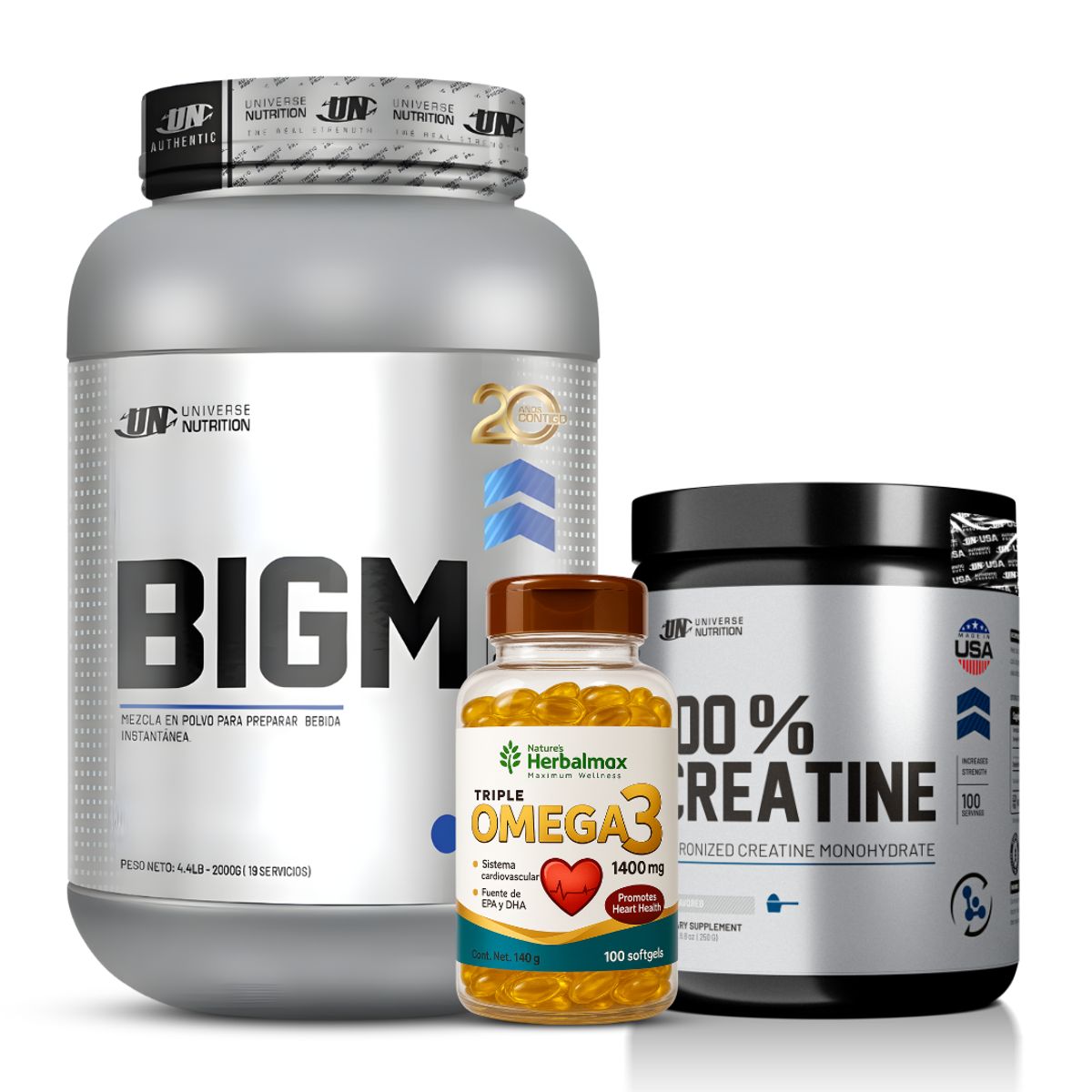 Universe Nutrition - BIGM 2 KG - Vainilla + Creatina Universe Nutrition 250 G + Omega 3 Herbalmax 100 Cápsulas