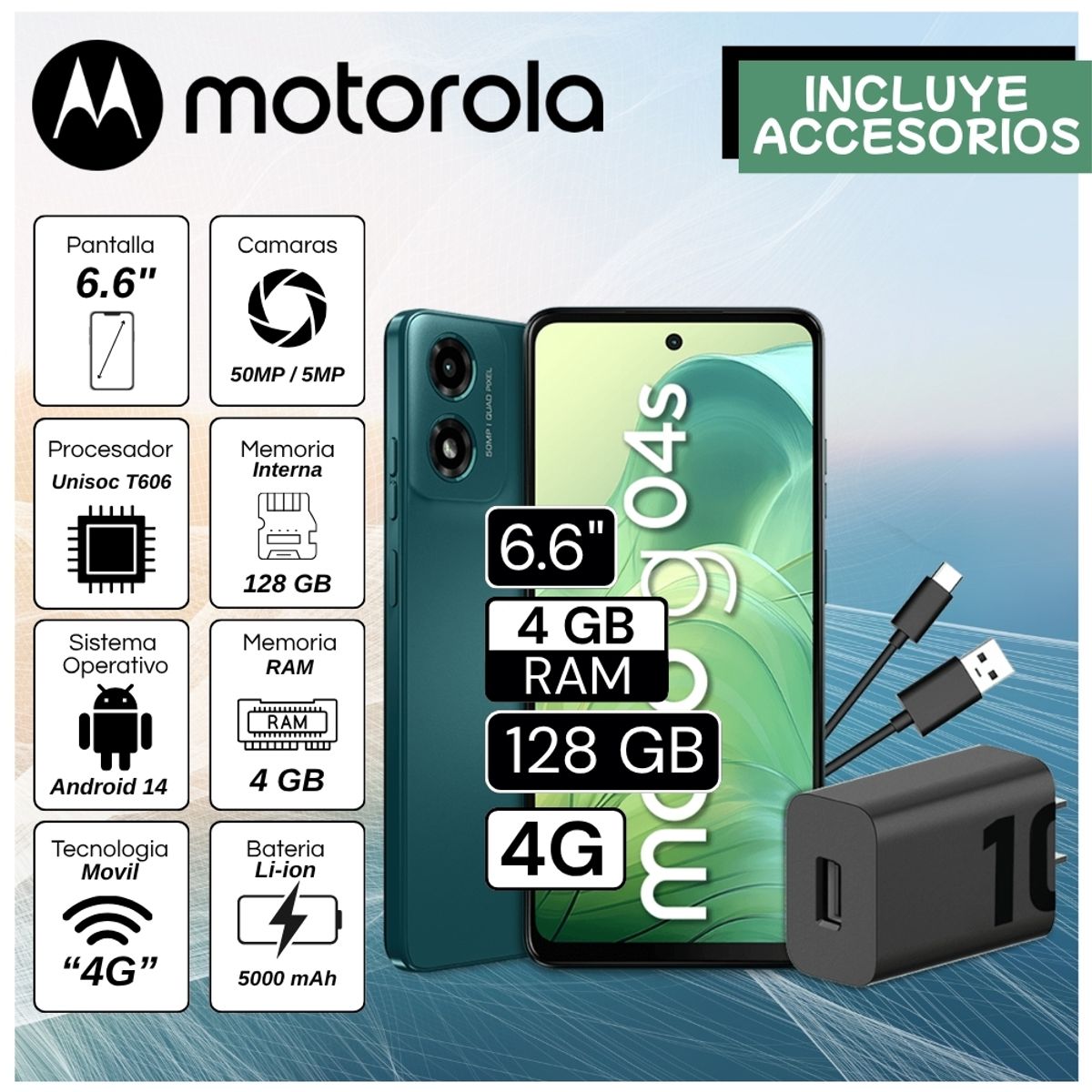 MOTOROLA - Celular Motorola G04s 6.6"  Pulg. 4GB RAM 128GB Android 14 - Verde Aurora