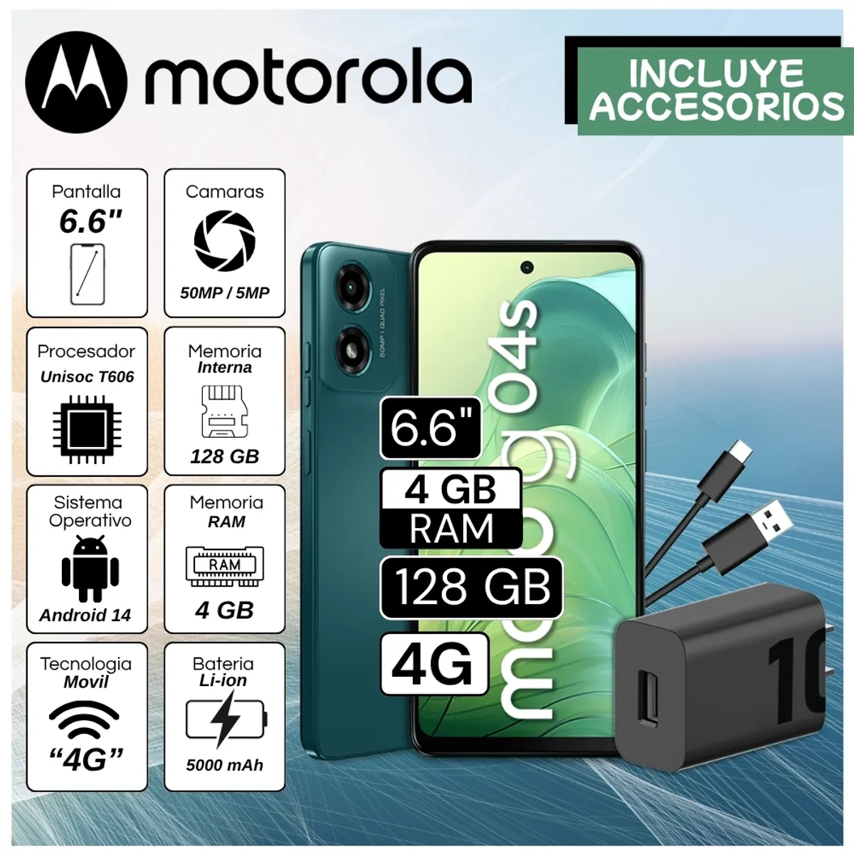 MOTOROLA - Celular Motorola G04s 6.6"  Pulg. 4GB RAM 128GB Android 14 - Verde Aurora