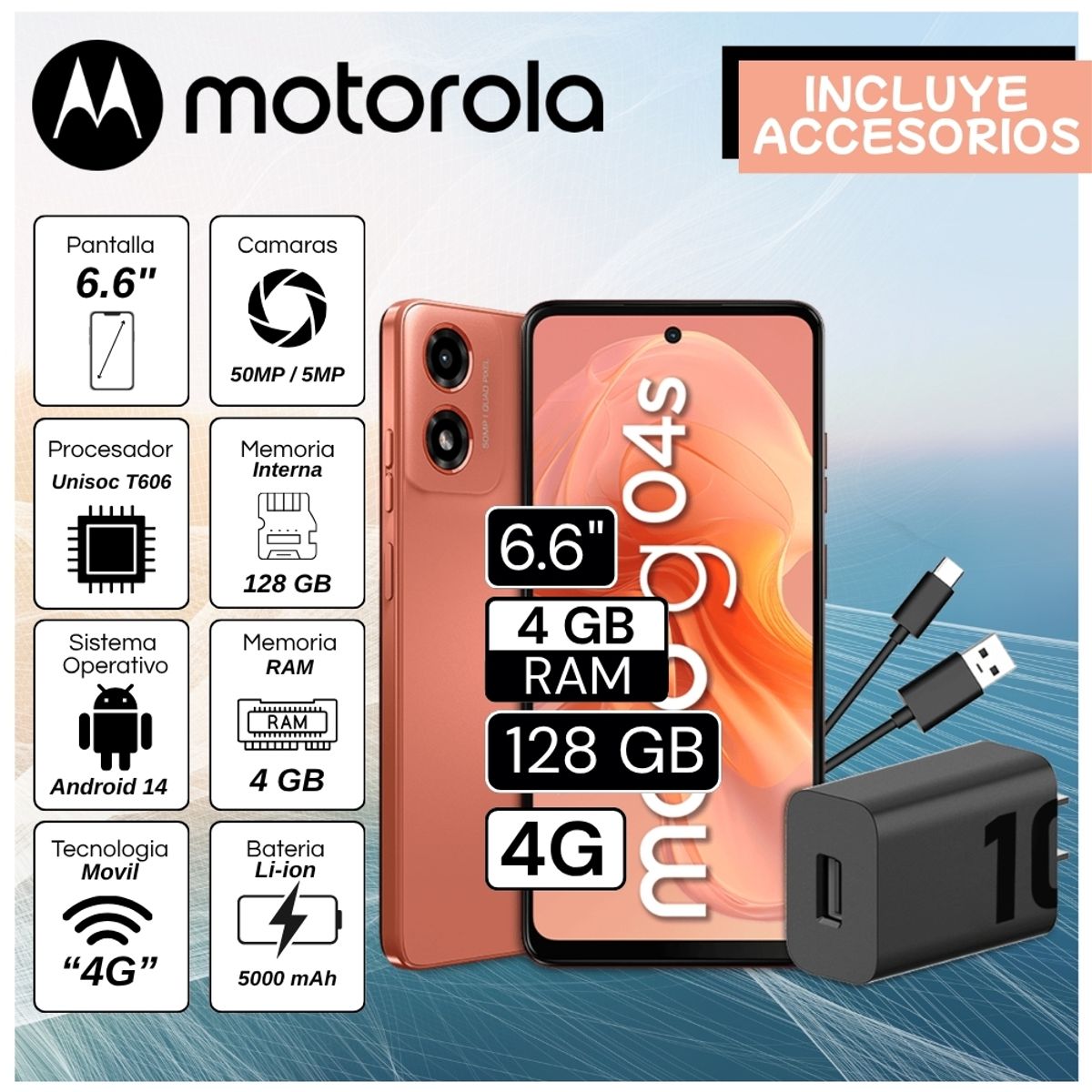 MOTOROLA - Celular Motorola G04s 6.6"  Pulg. 4GB RAM 128GB Android 14 - Naranja Amanecer