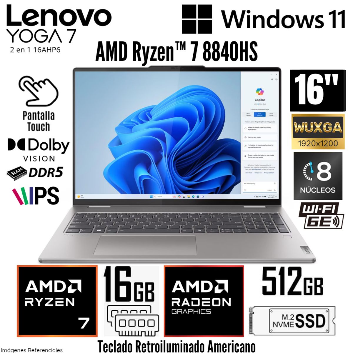 LENOVO - Laptop Lenovo Yoga 7 2 en 1 16AHP6 AMD Ryzen 7 8840HS 16GB RAM 512GB SSD 16"  WUXGA Táctil