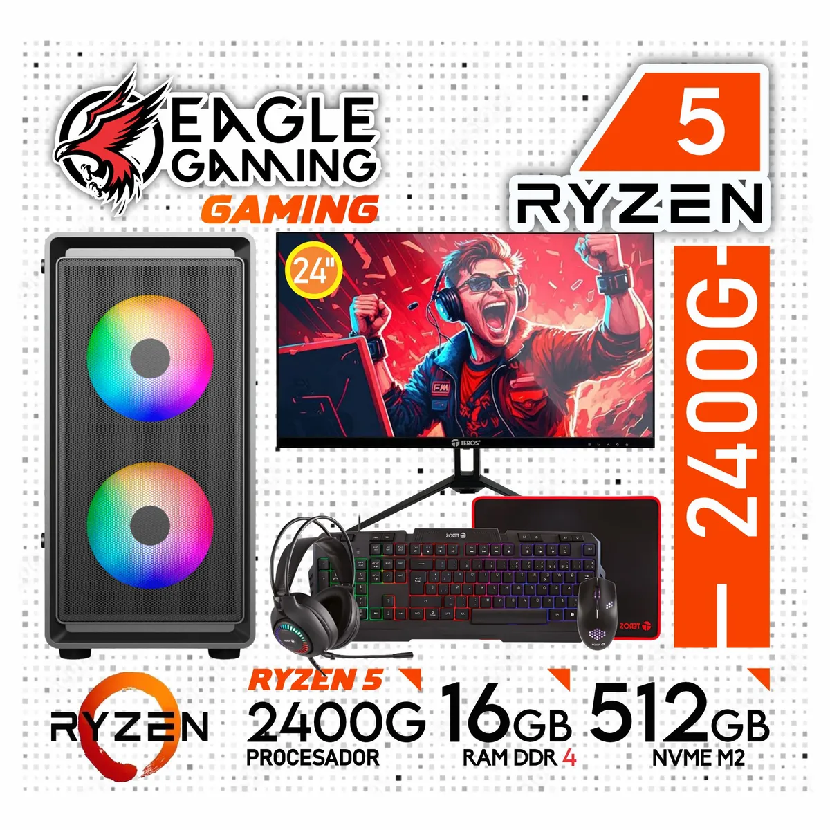 AMD - Computadora PC GAMER RYZEN 5 2400G RAM 16GB SSD 512GB Monitor 24" + KIT