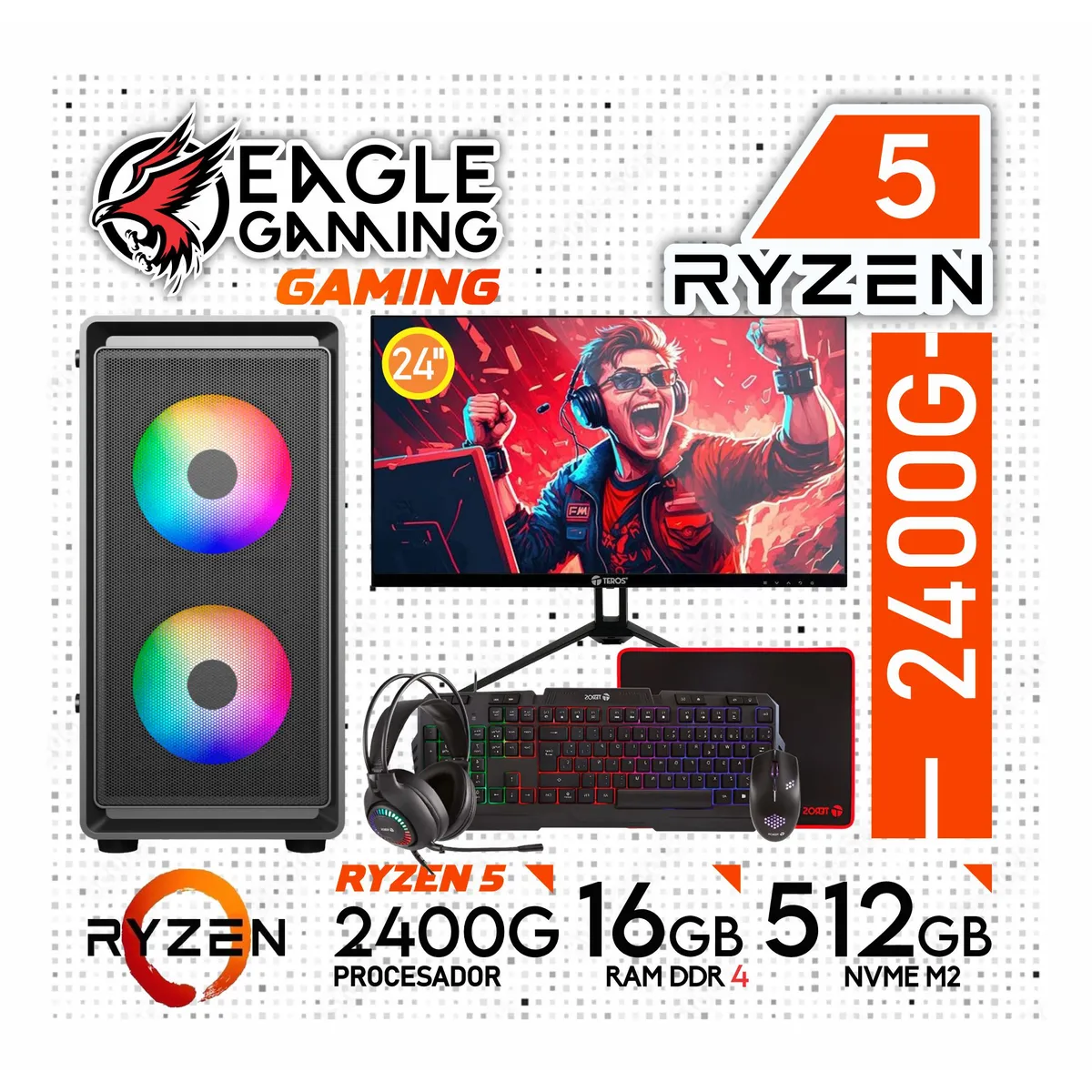 AMD - Computadora PC GAMER RYZEN 5 2400G RAM 16GB SSD 512GB Monitor 24" + KIT