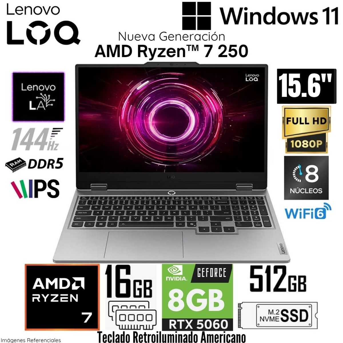 LENOVO - Laptop Lenovo LOQ 15AHP10 AMD Ryzen 7 250 16GB RAM 512GB SSD RTX 5060-8GB 15.6"  FHD 144 Hz