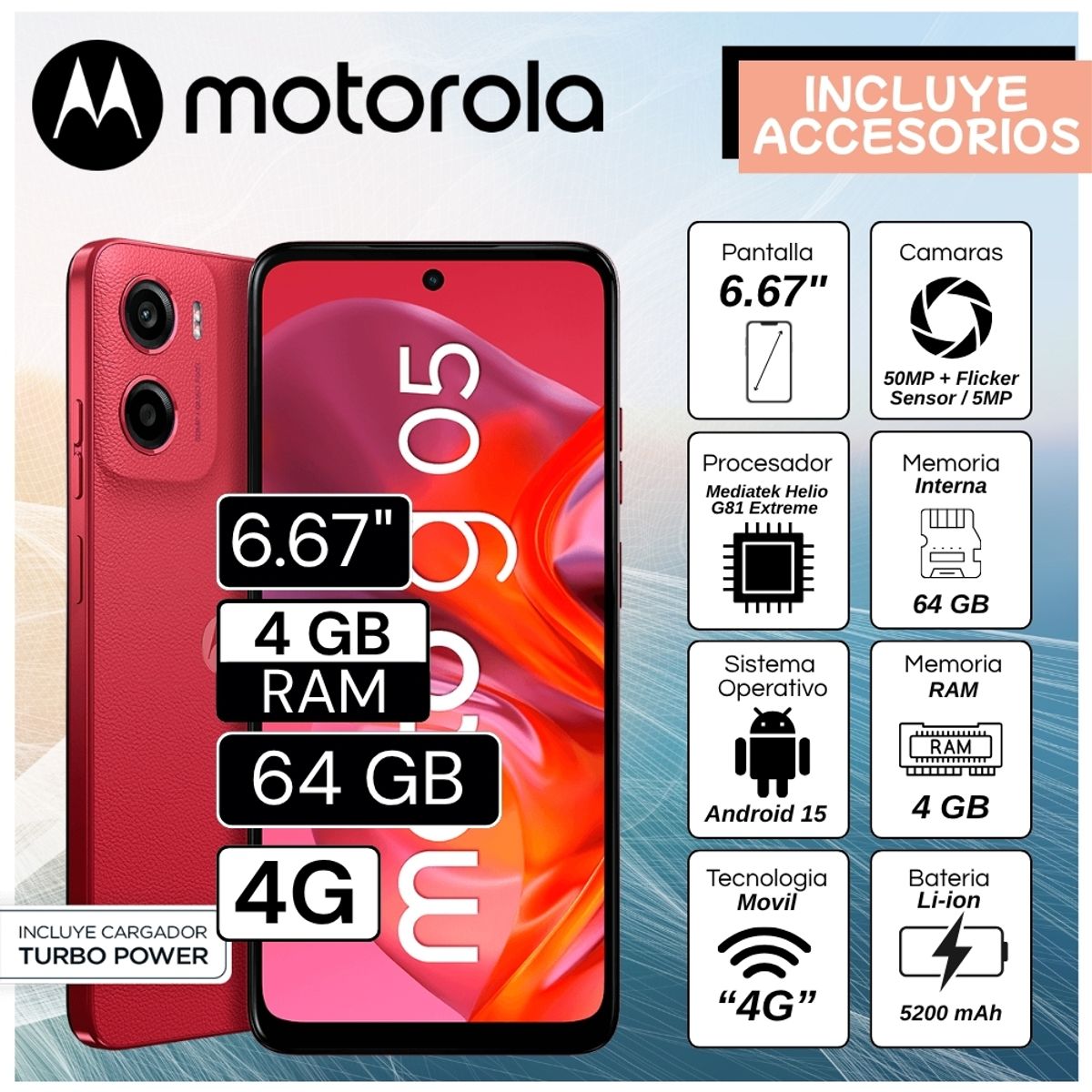 MOTOROLA - Celular Motorola G05 6.67"  Pulg. 4GB RAM 64GB Android 15 - Rojo