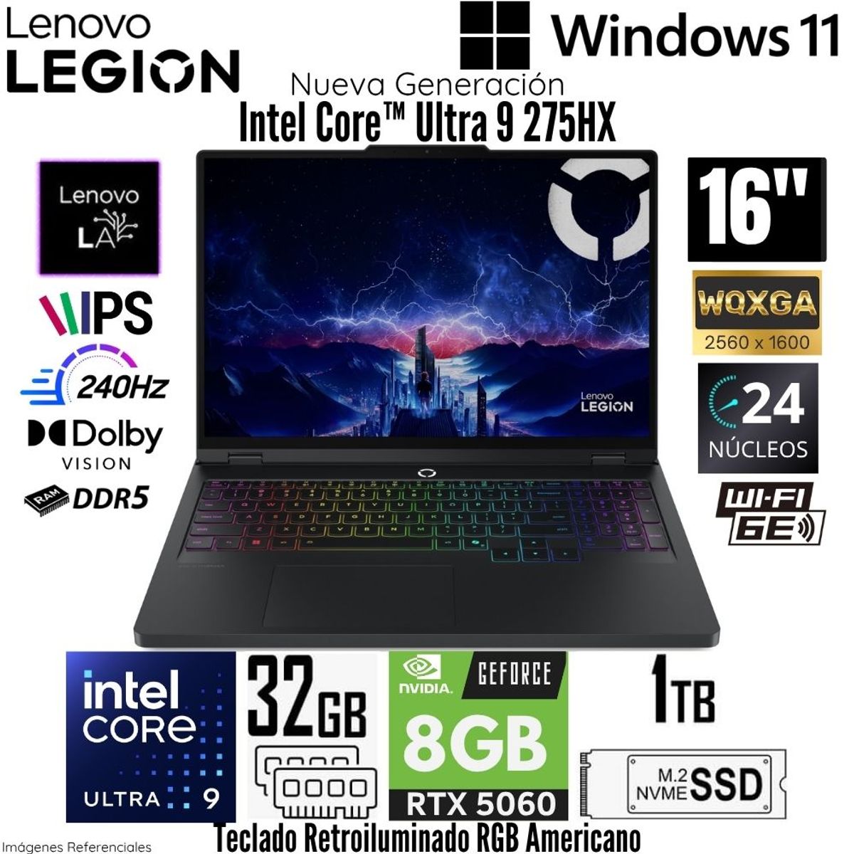 LENOVO - Laptop Lenovo Legion 5 16IAX10 Intel Core Ultra 9 275HX 32GB RAM 1TB SSD RTX 5060-8GB 16"  WQXGA