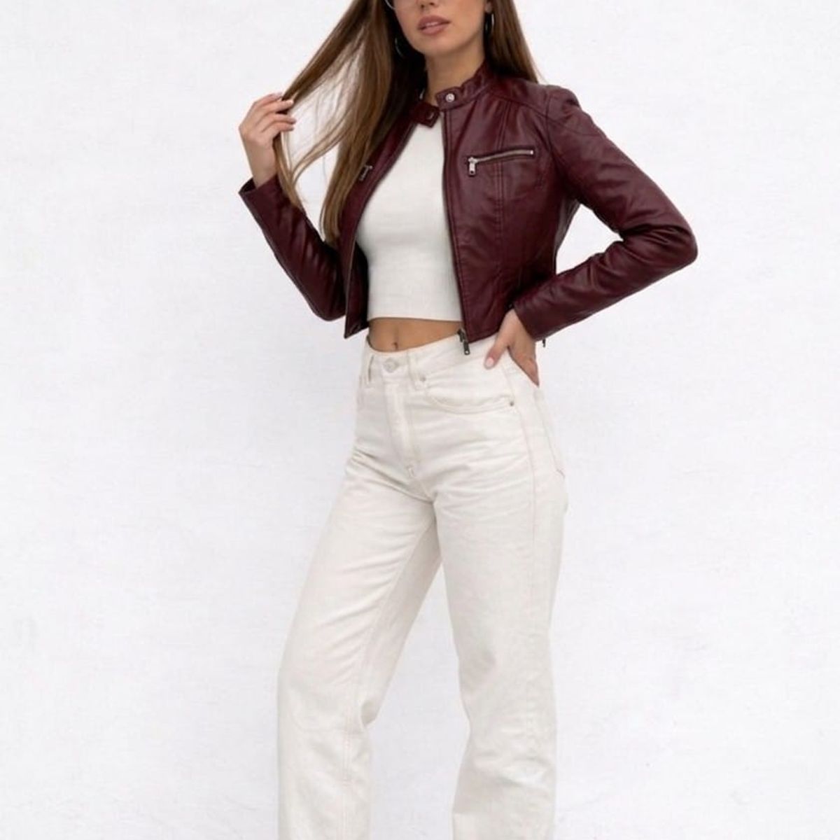 GENERICO - CASACA CUELLO CHINO CROP CUERINA DE MUJER