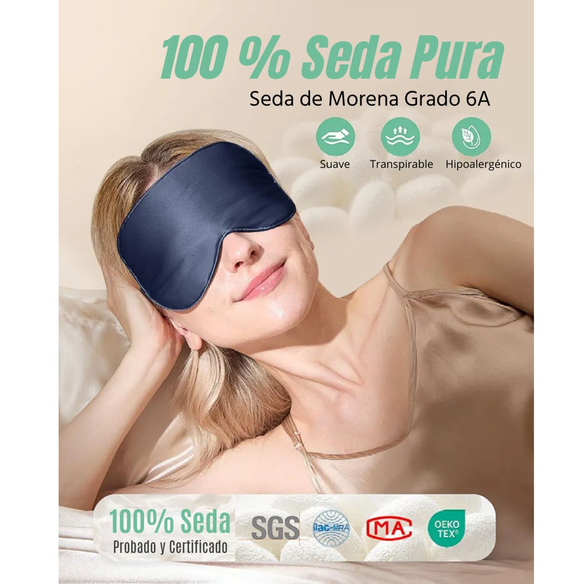 GENERICO - Antifaz Mascara Para Dormir PACK X2 - 100% Seda Pura Antialérgica y Ajustables NEGRO-AZUL - BEEVINES