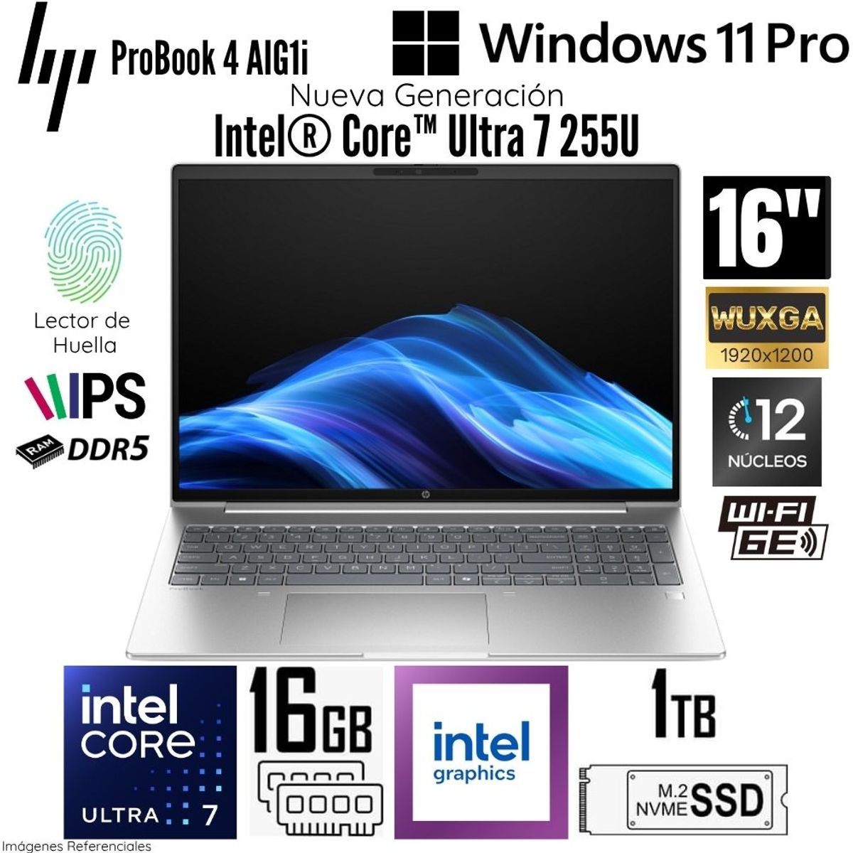 HP - Laptop HP ProBook 4 AIG1i Intel Core Ultra 7 255U 16GB RAM DDR5 1TB SSD 16"  WUXGA - Plateado