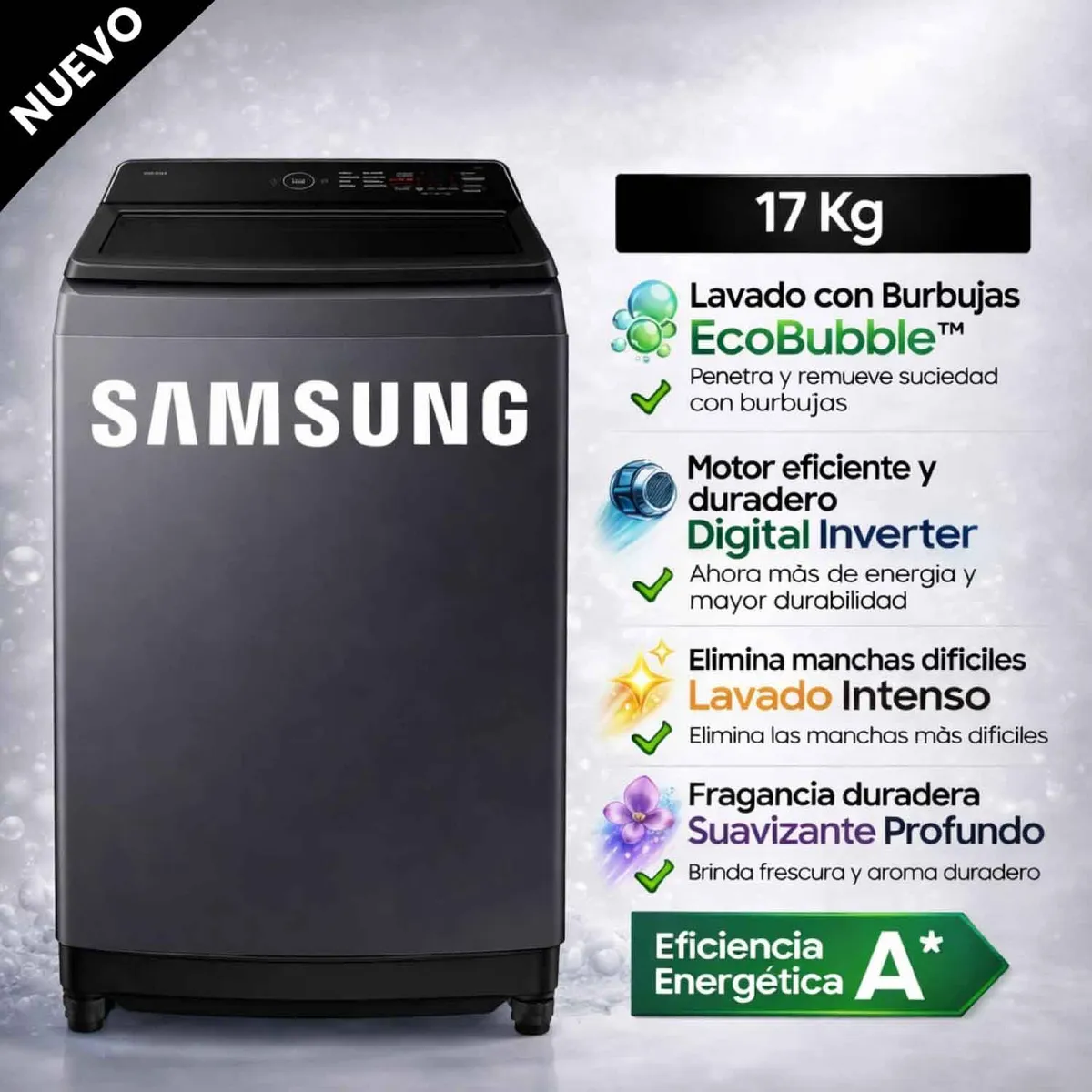 SAMSUNG - Lavadora Samsung 17Kg WA40F17E7CPE EcoBubble Gris Grafito