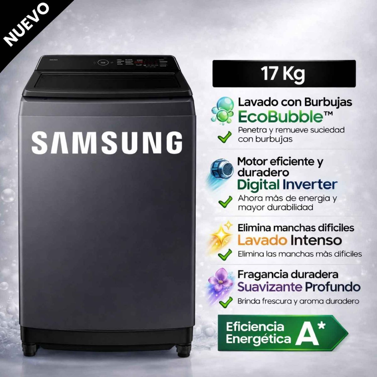 SAMSUNG - Lavadora Samsung 17Kg WA40F17E7CPE EcoBubble Gris Grafito